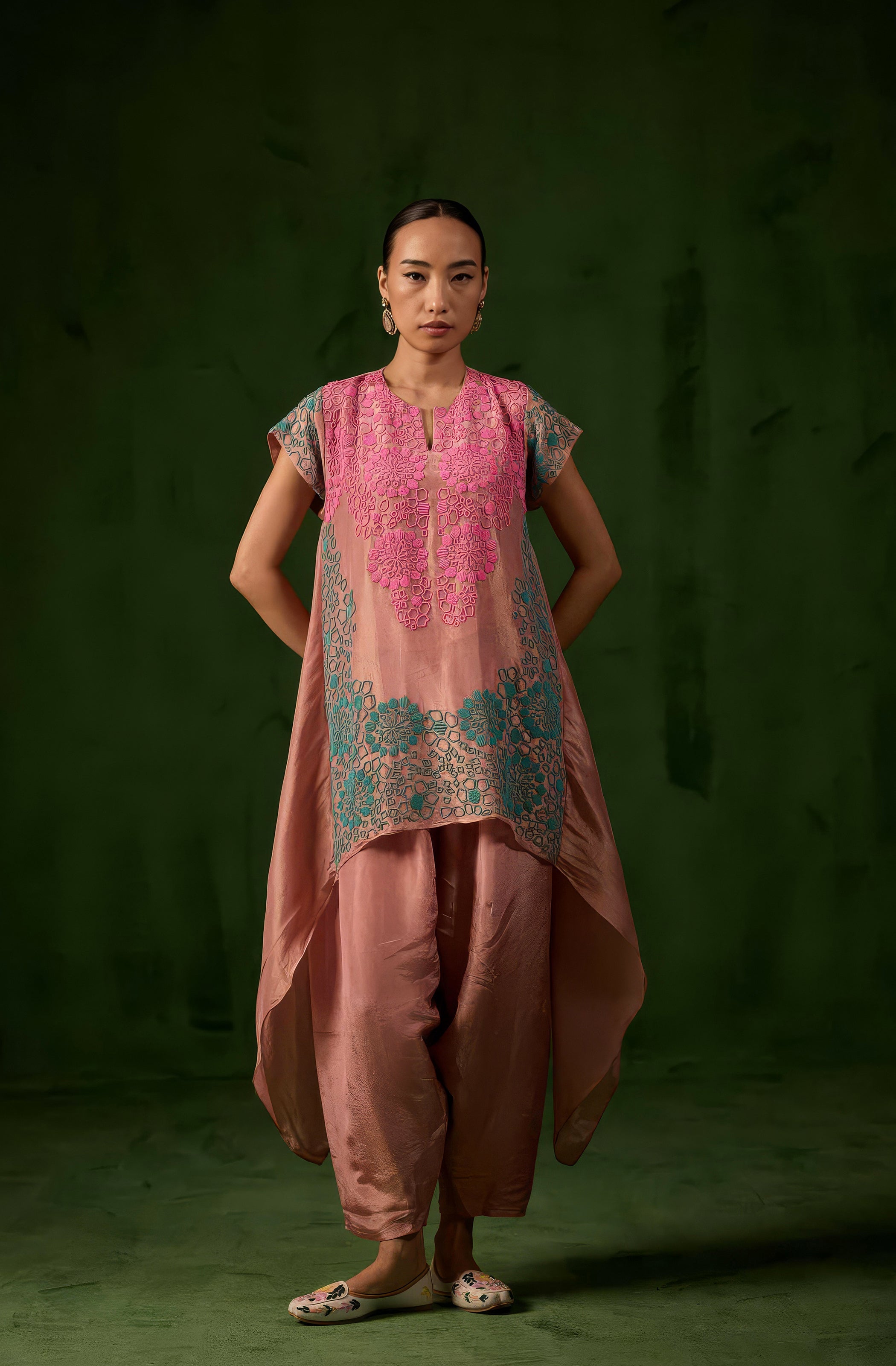 Blush Peach Embellished Shimmer Tissue Silk Co-Ord Set