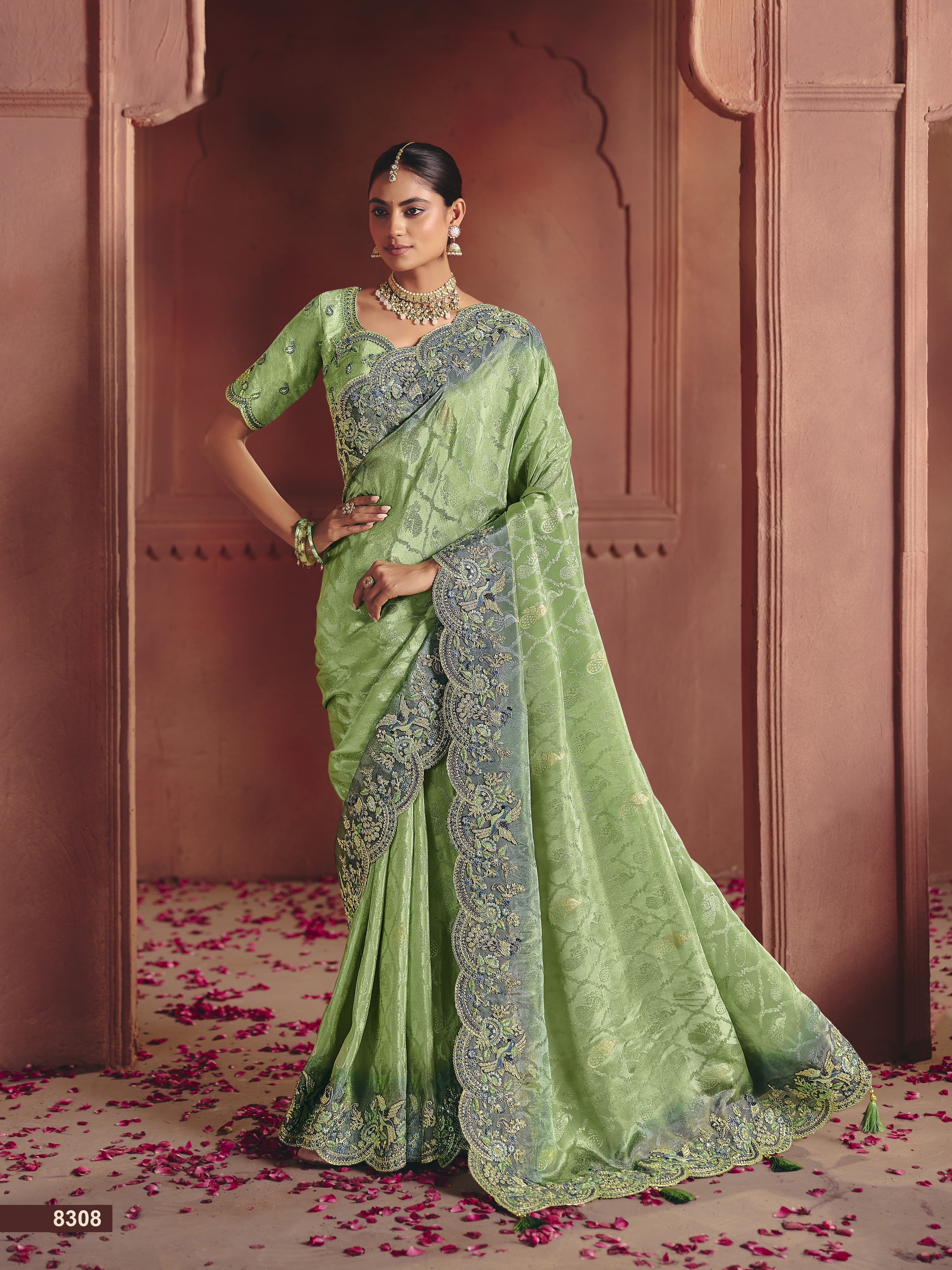 Azure Green Embellished Shimmer Tissue Silk Saree