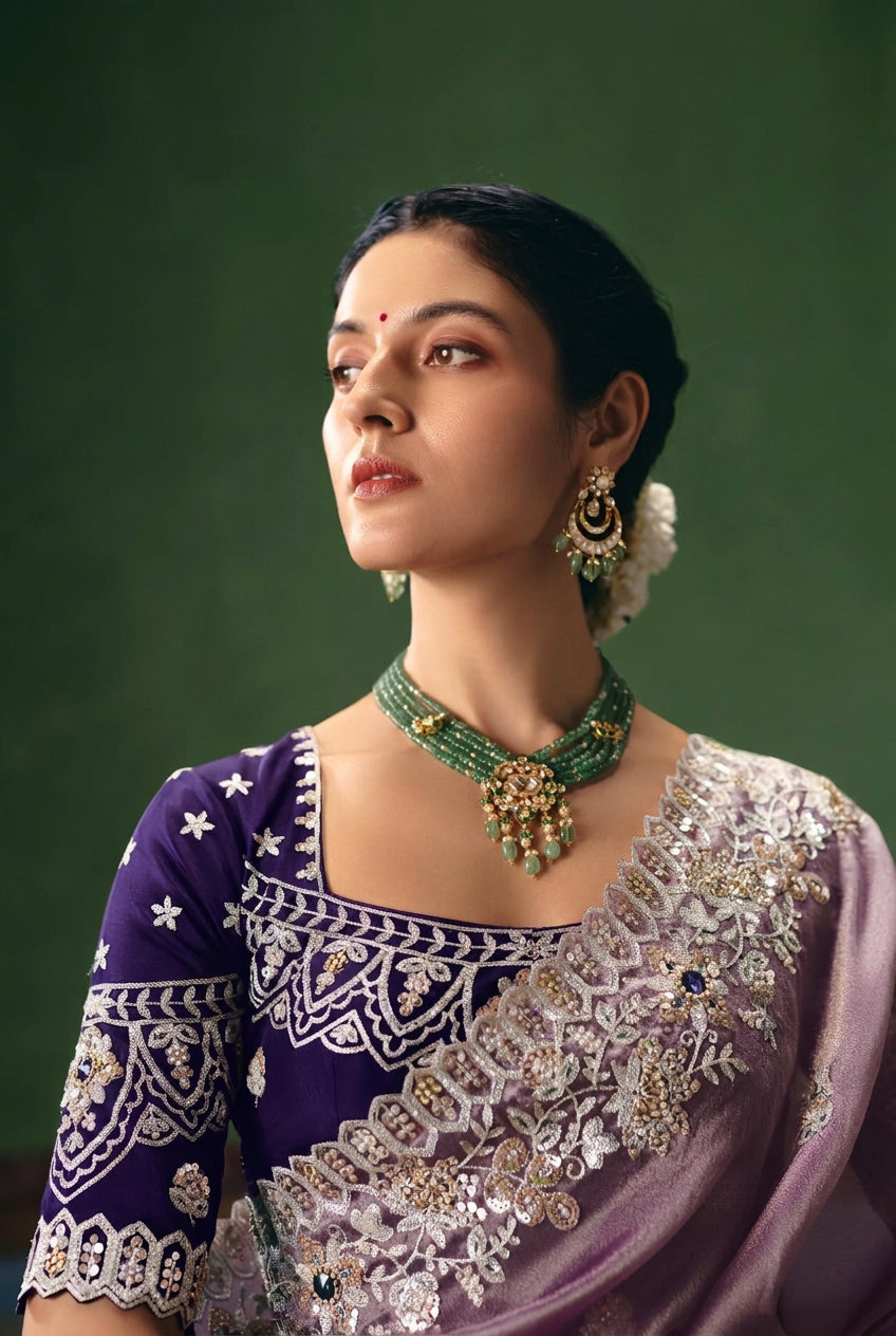 Dusty Lilac Embellished Tissue Silk Saree