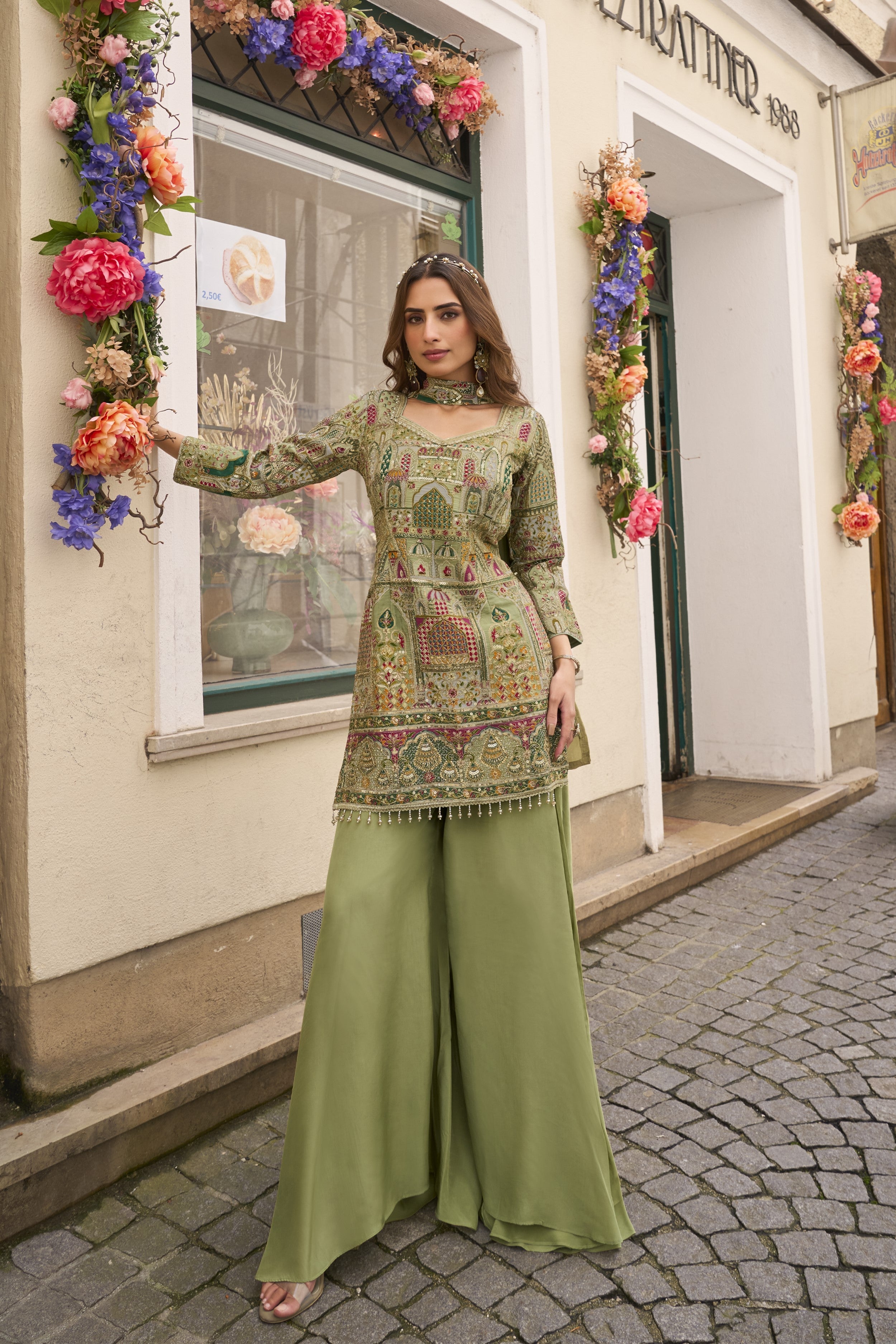 Green Embroidered Palazzo Set