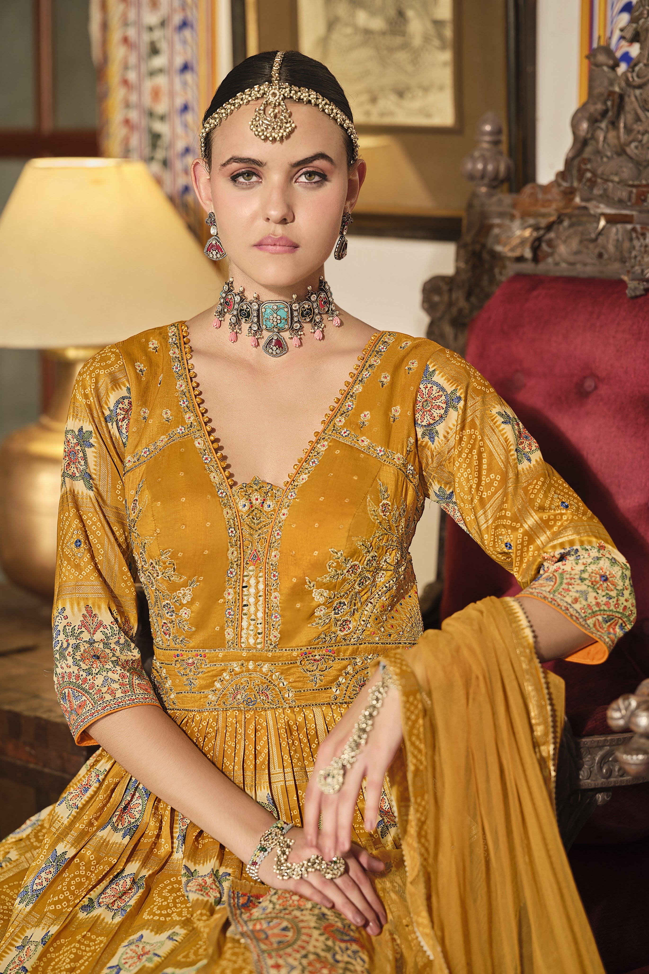 Mustard Bandhani Printed Premium Silk Anarkali Set