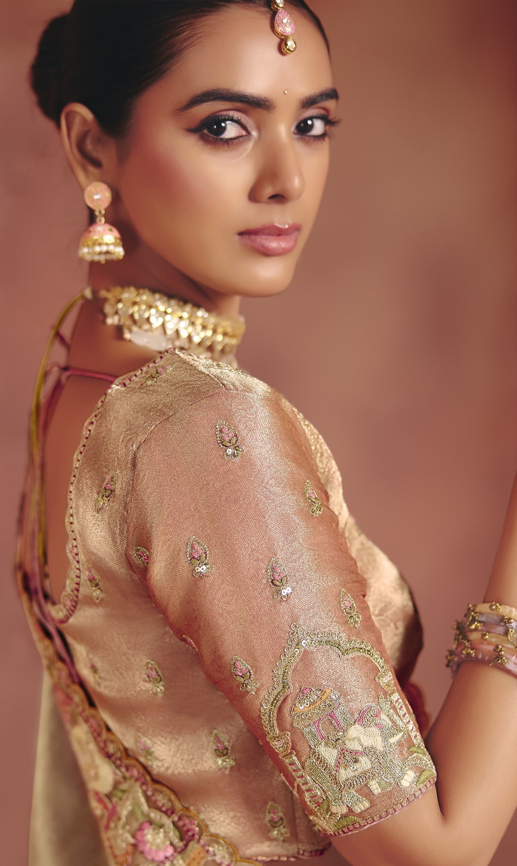 Antique Gold Embellished Shimmer Tissue Silk Saree