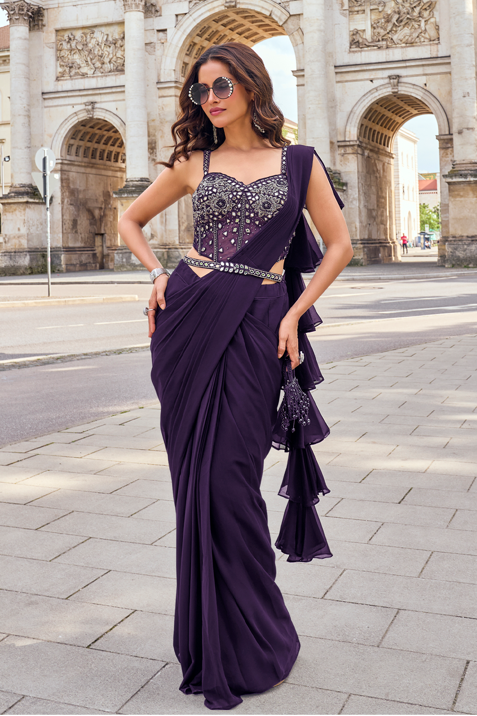 Regal Purple Embellished Georgette Silk Draped Saree