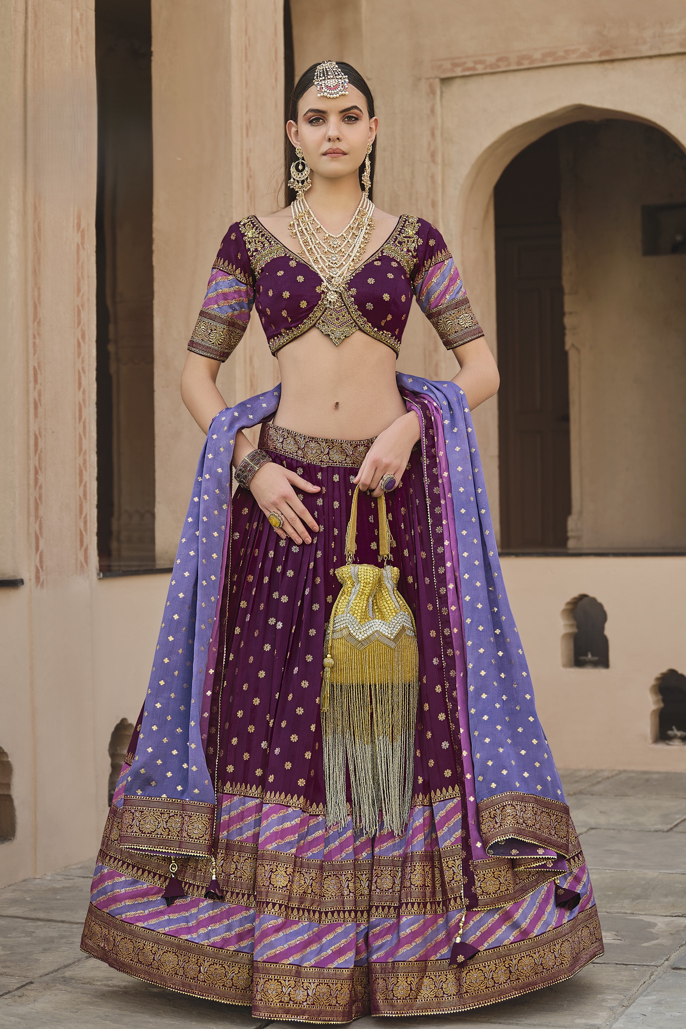 Burgundy Ethnic Printed Premium Silk Lehenga Set