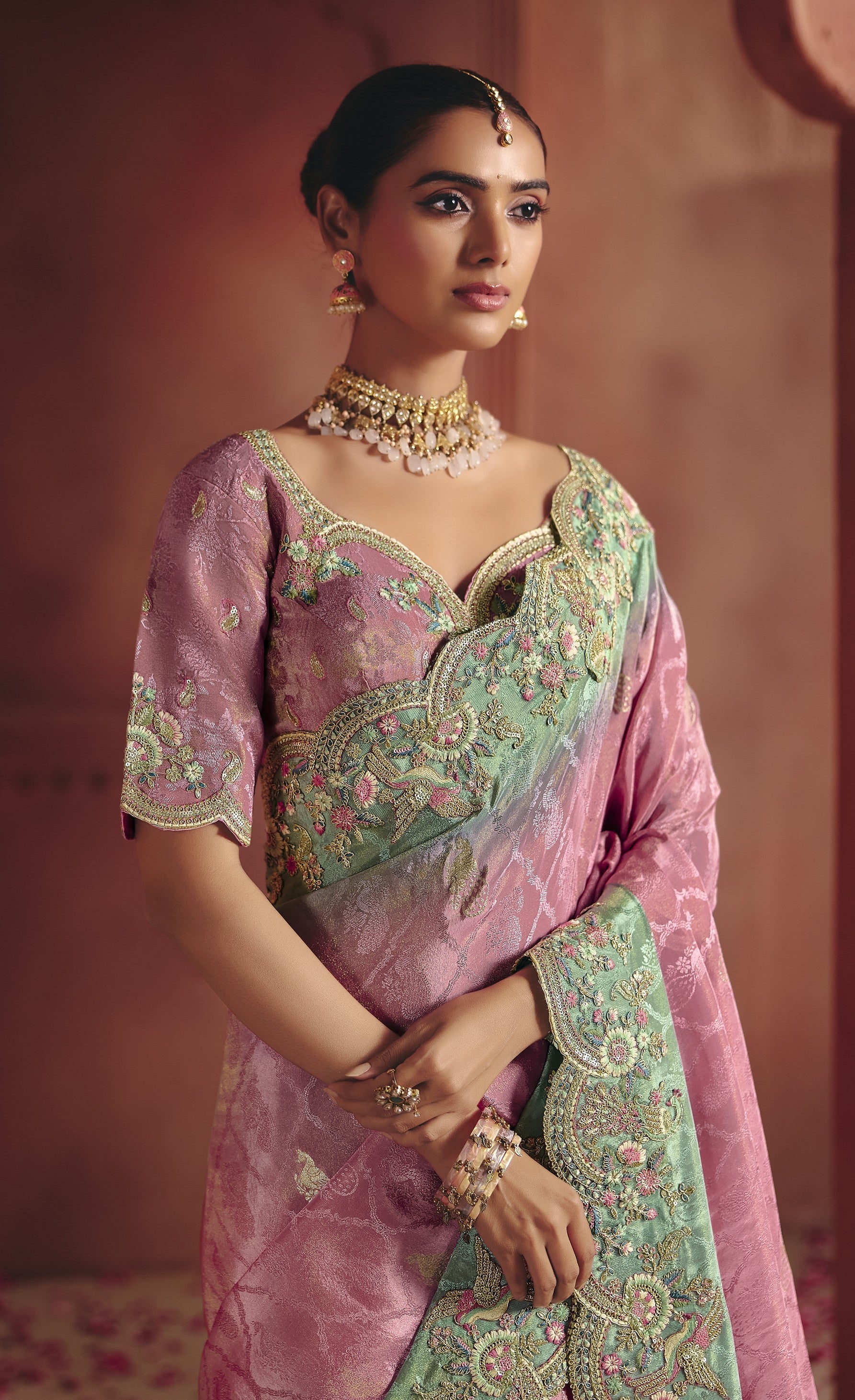 Pink Paradise Embellished Shimmer Tissue Silk Saree
