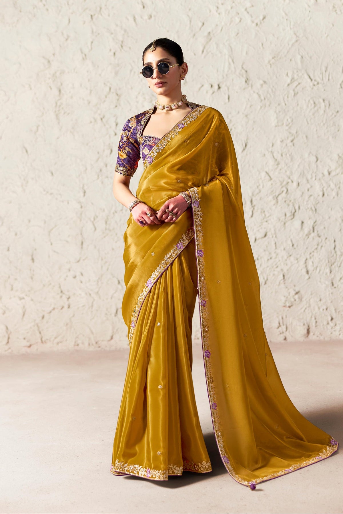 Mustard Embellished Tissue Silk Saree
