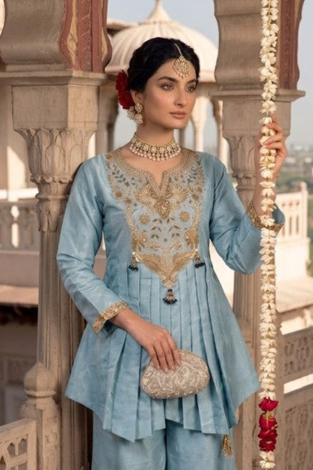 Baby Blue Embellished Brocade Silk Palazzo Set