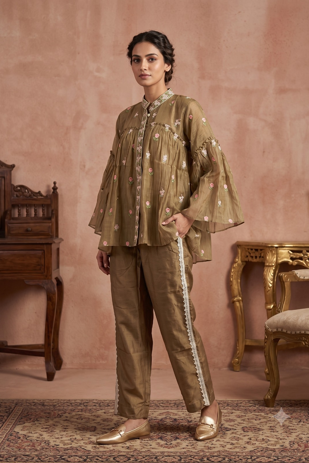 Muted Olive Embroidered Chanderi Silk Co-Ord Set