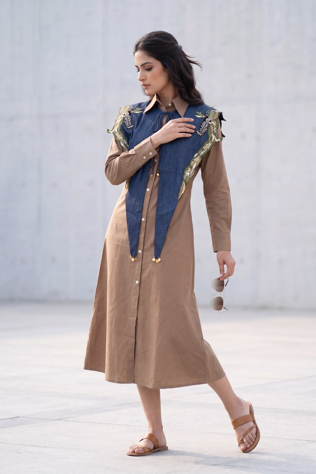 Beige Denim Embroidered Cotton Midi Dress