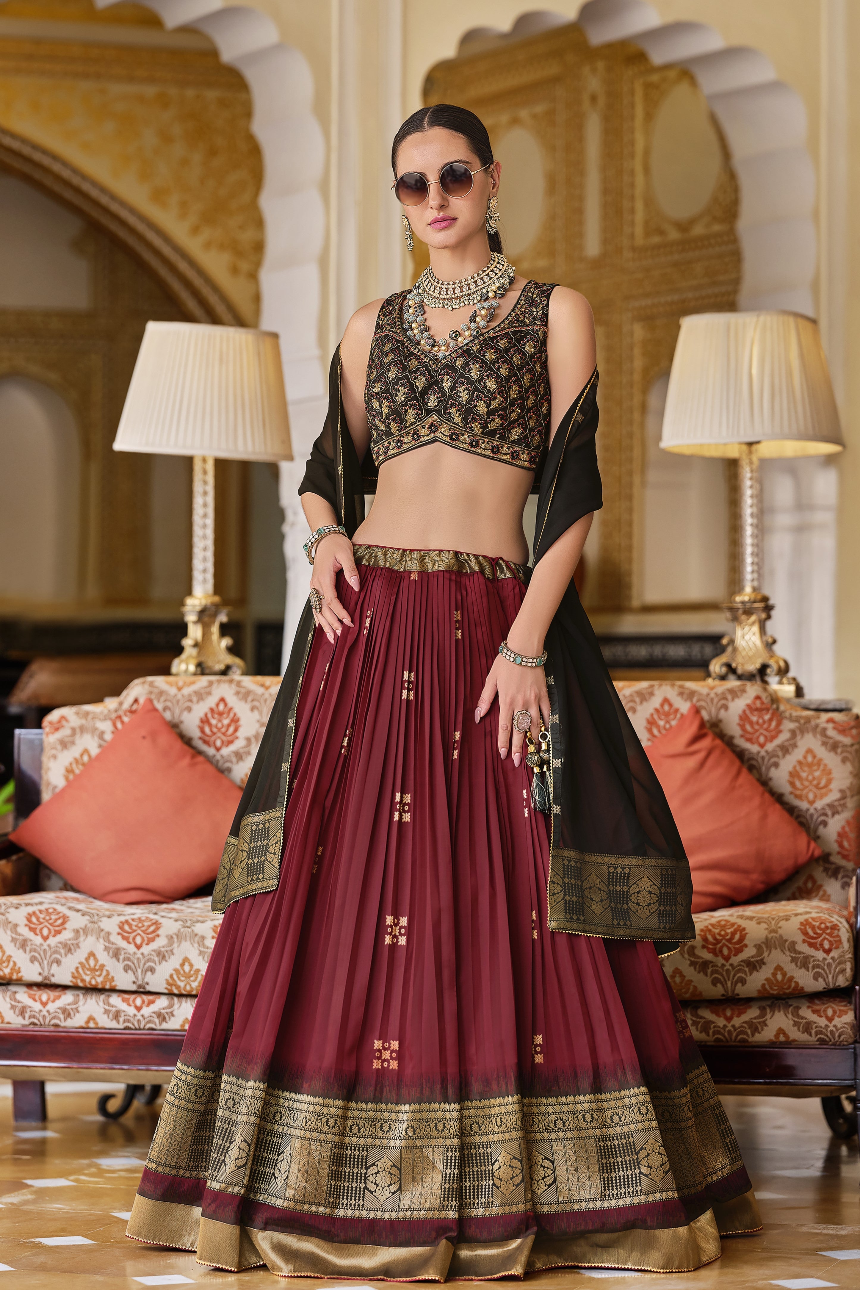 Maroon Golden Banarasi Silk Lehenga Set