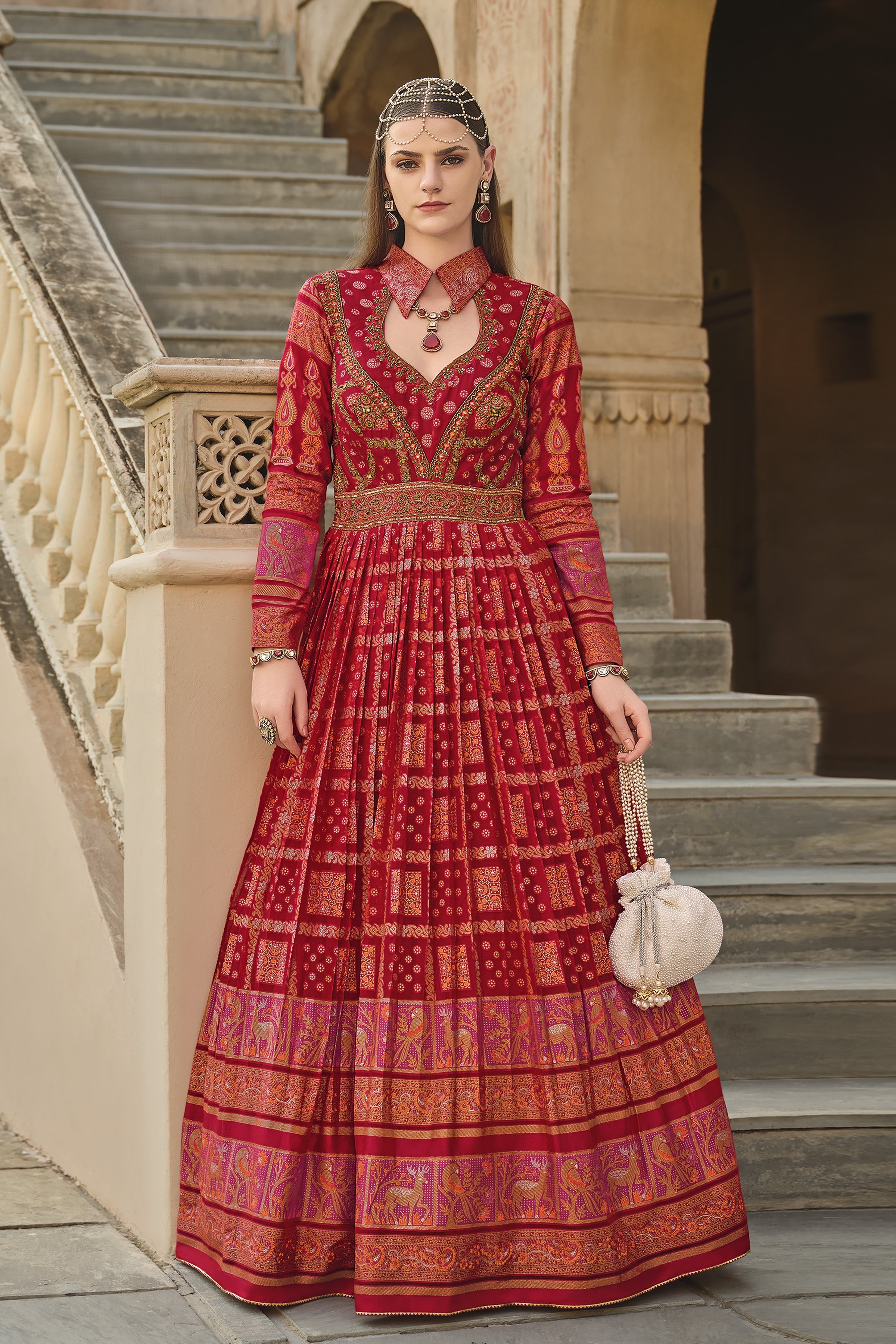 Red Embellished Premium Silk Anarkali Set