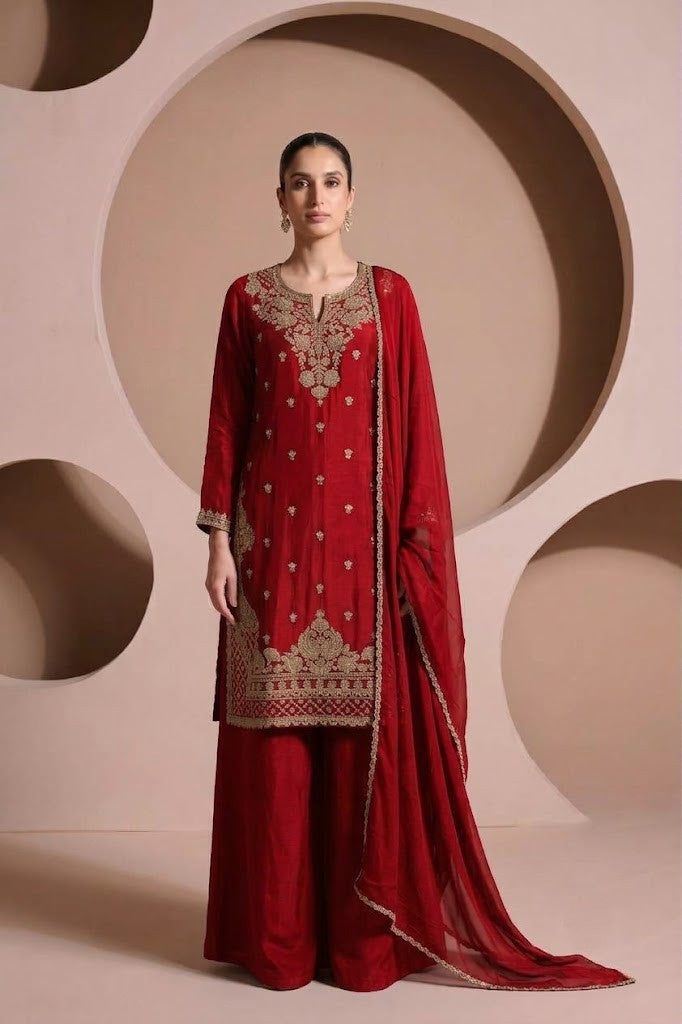 Crimson Red Embellished Chinon Silk Palazzo Set