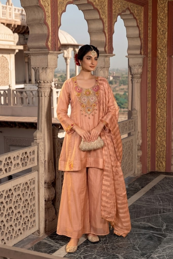 Peach Gold Embellished Shimmer Silk Palazzo Set