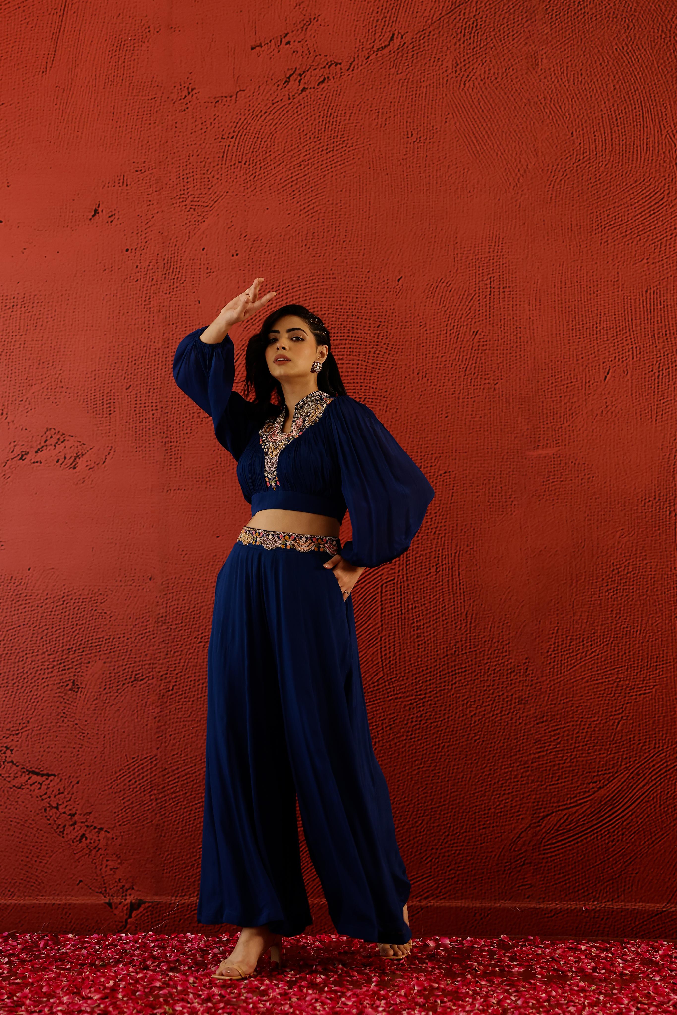 Deep Blue Embroidered Premium Silk Co-Ord Set