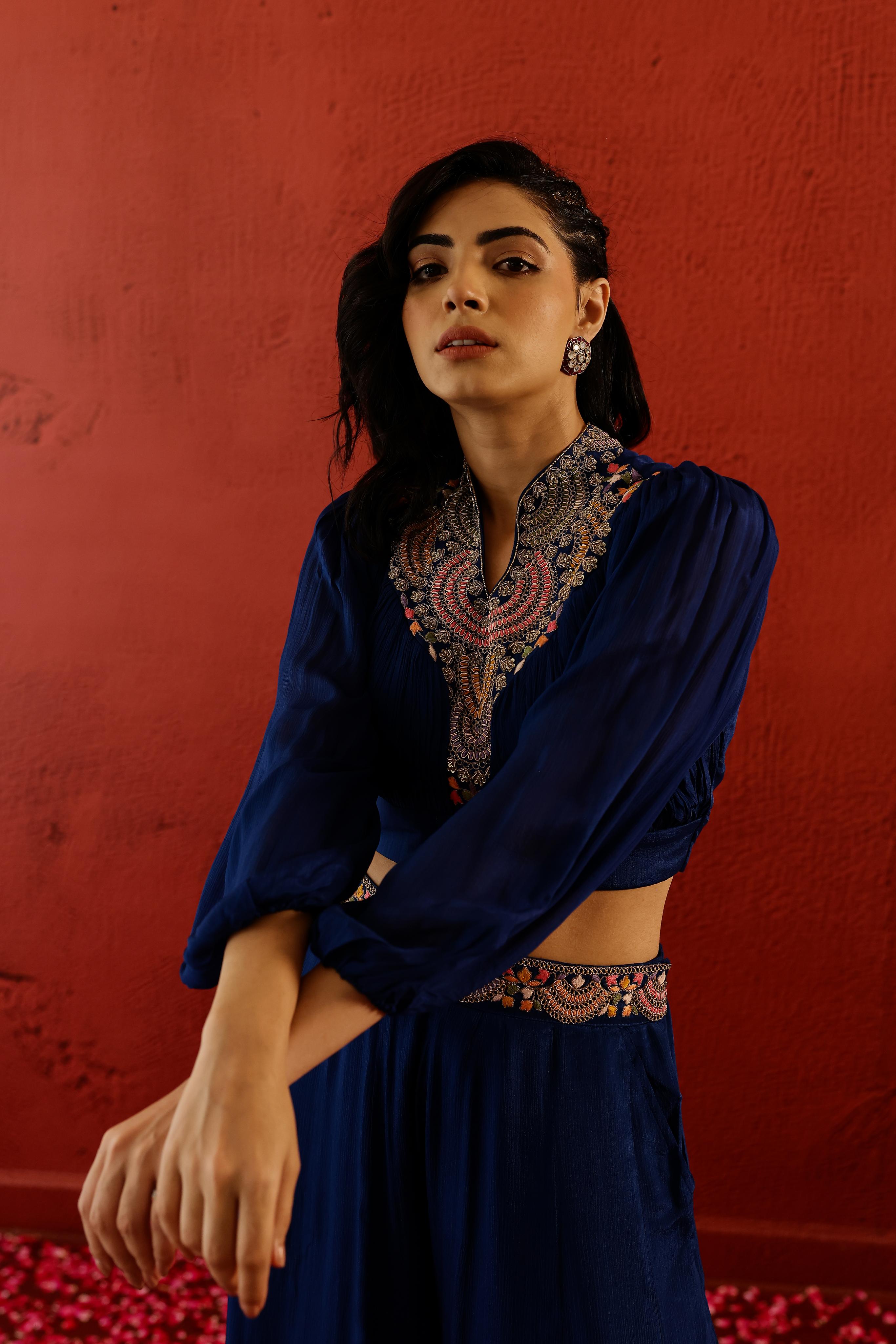 Deep Blue Embroidered Premium Silk Co-Ord Set