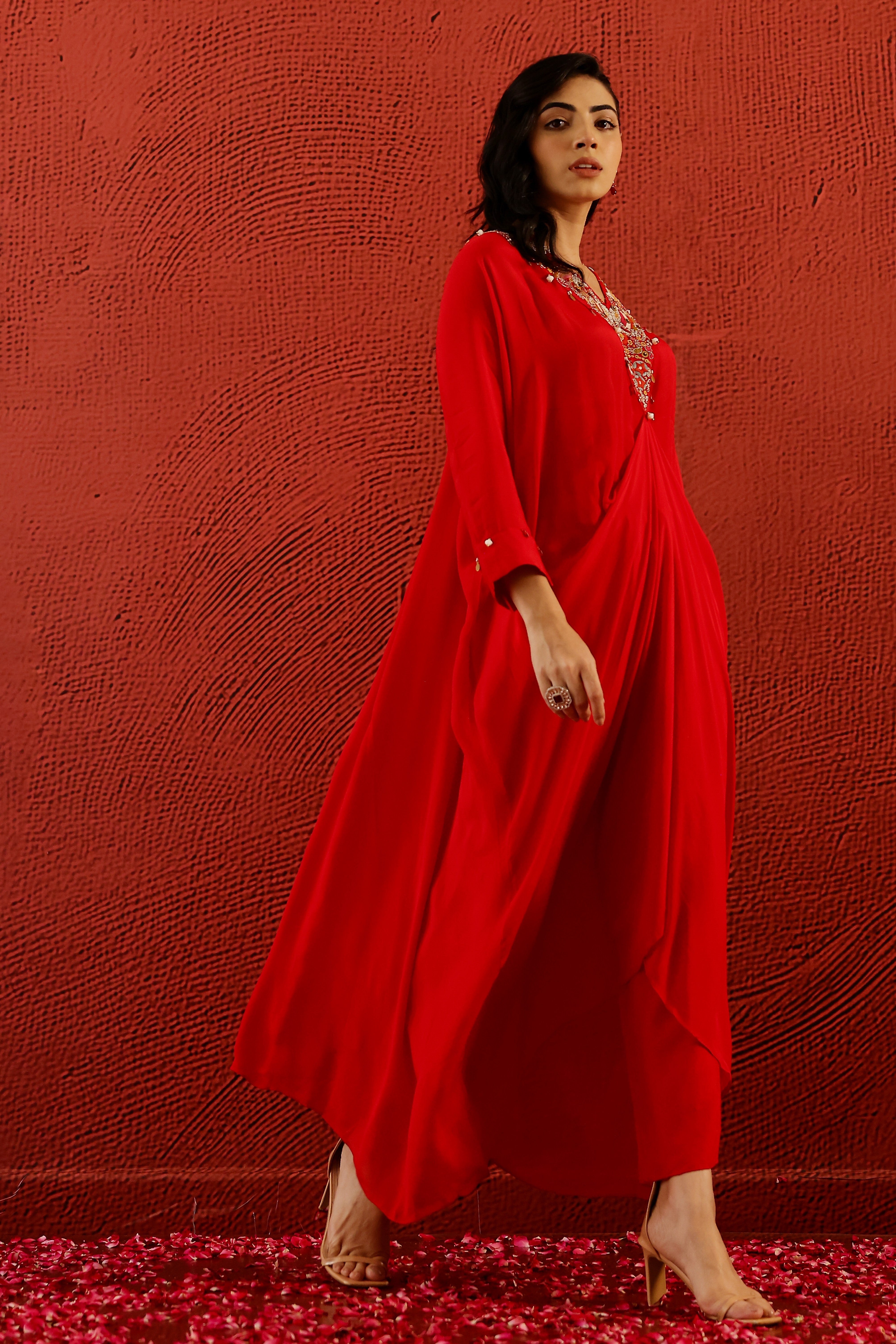 Hot Red Embroidered Premium Chinon Silk Kaftan Kurta Set