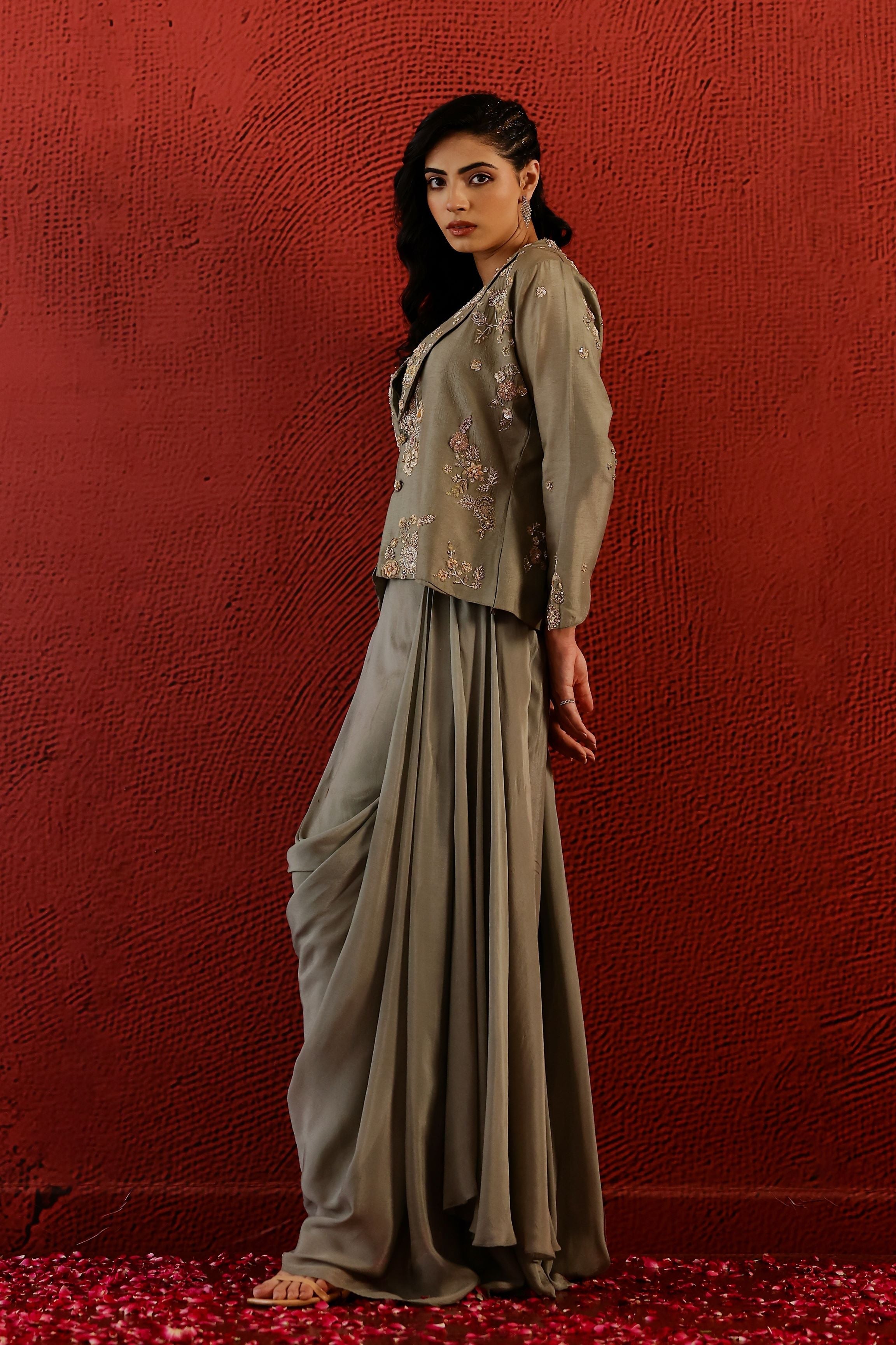 Sage Grey Embroidered Belgium Silk Jacket & Skirt Set