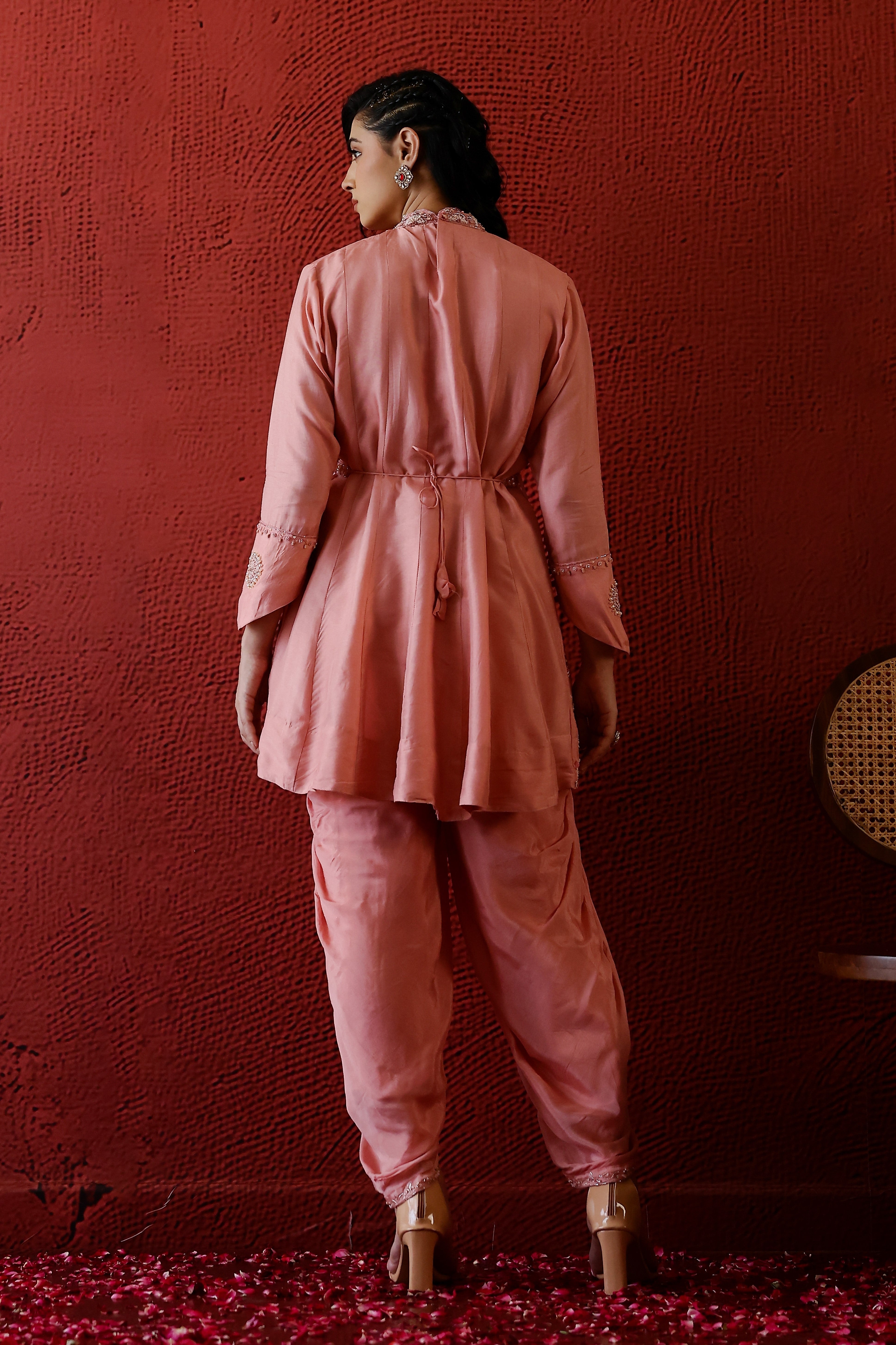 Peach Embellished Spanish Silk Dhoti Set