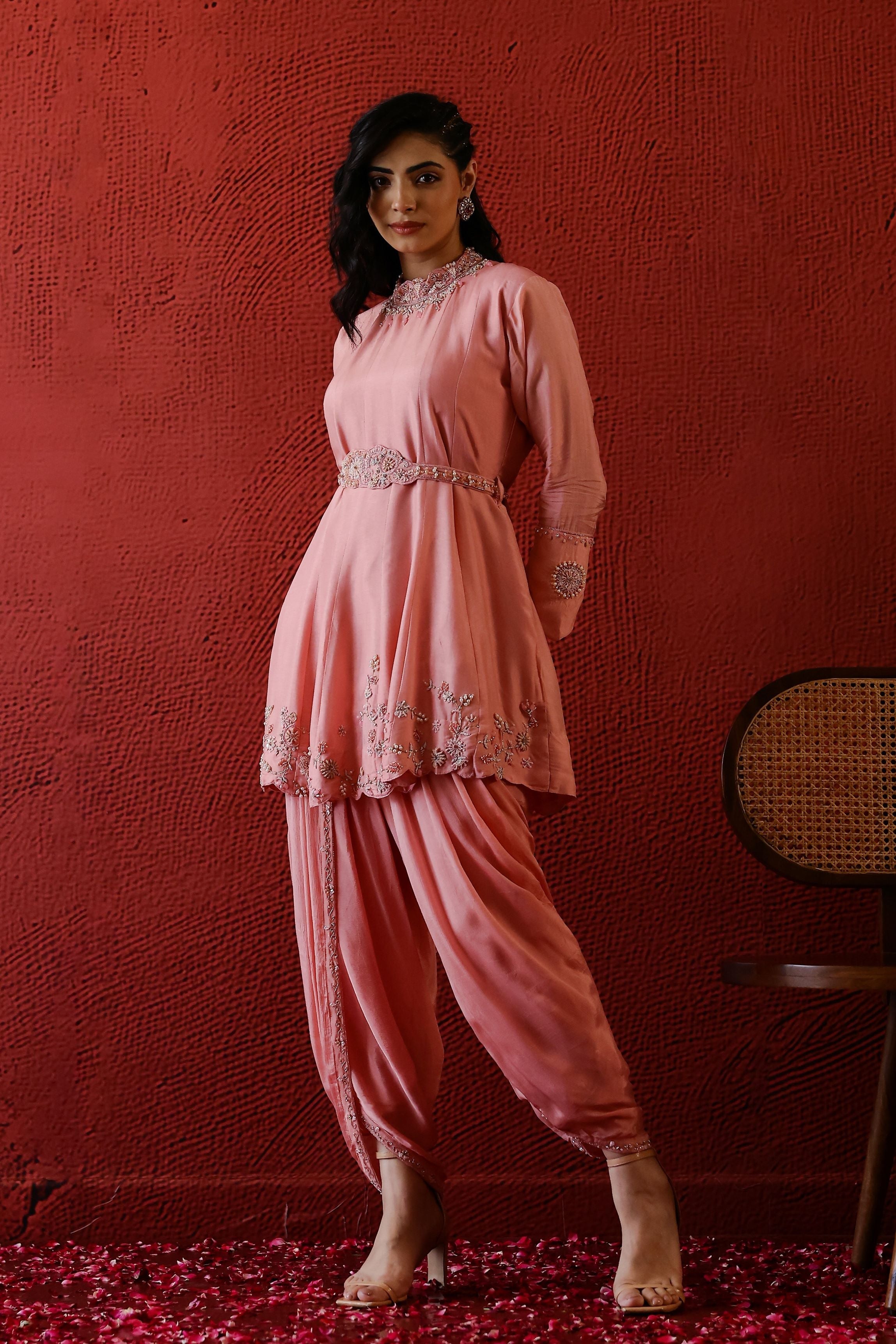 Peach Embellished Spanish Silk Dhoti Set