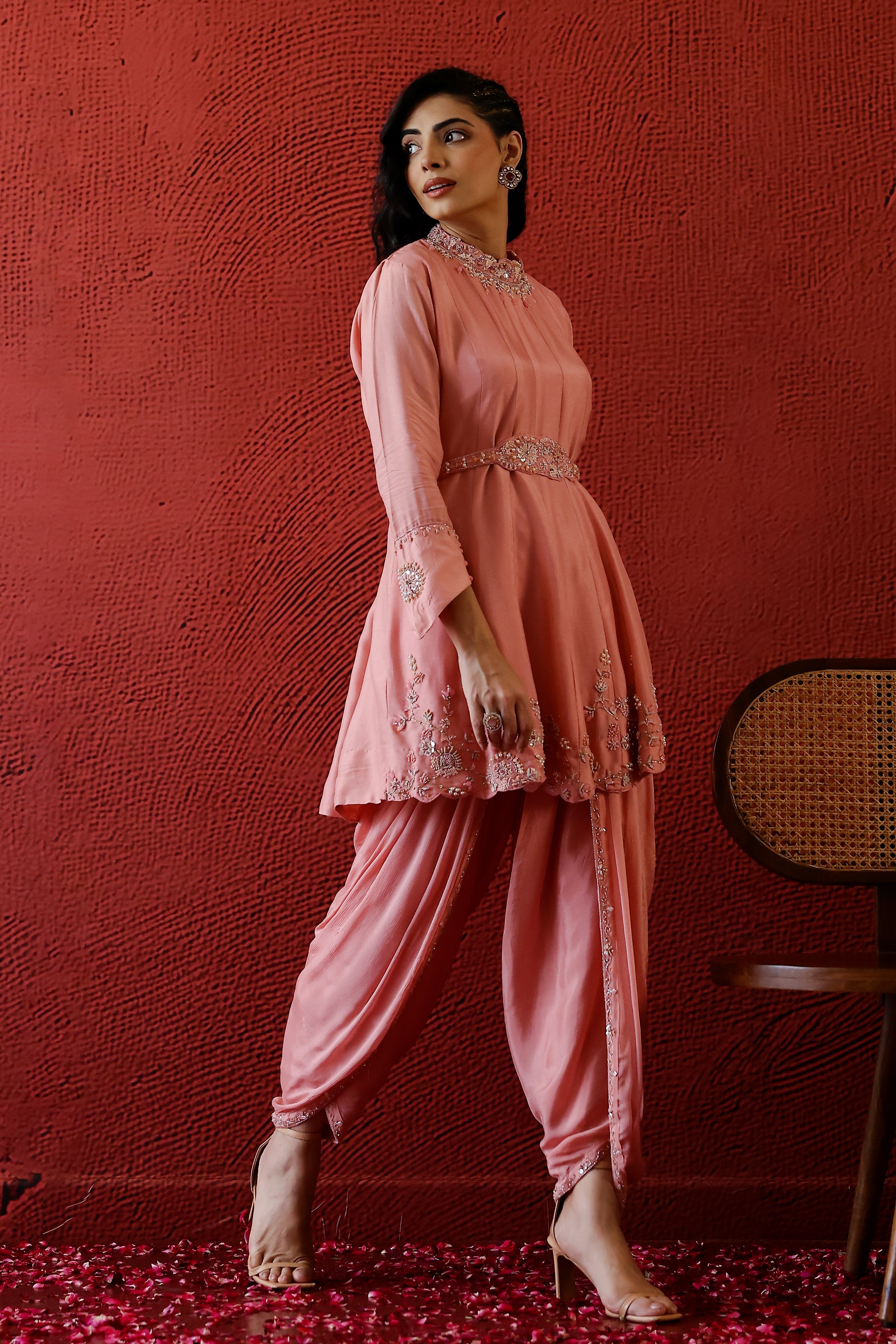 Peach Embellished Spanish Silk Dhoti Set