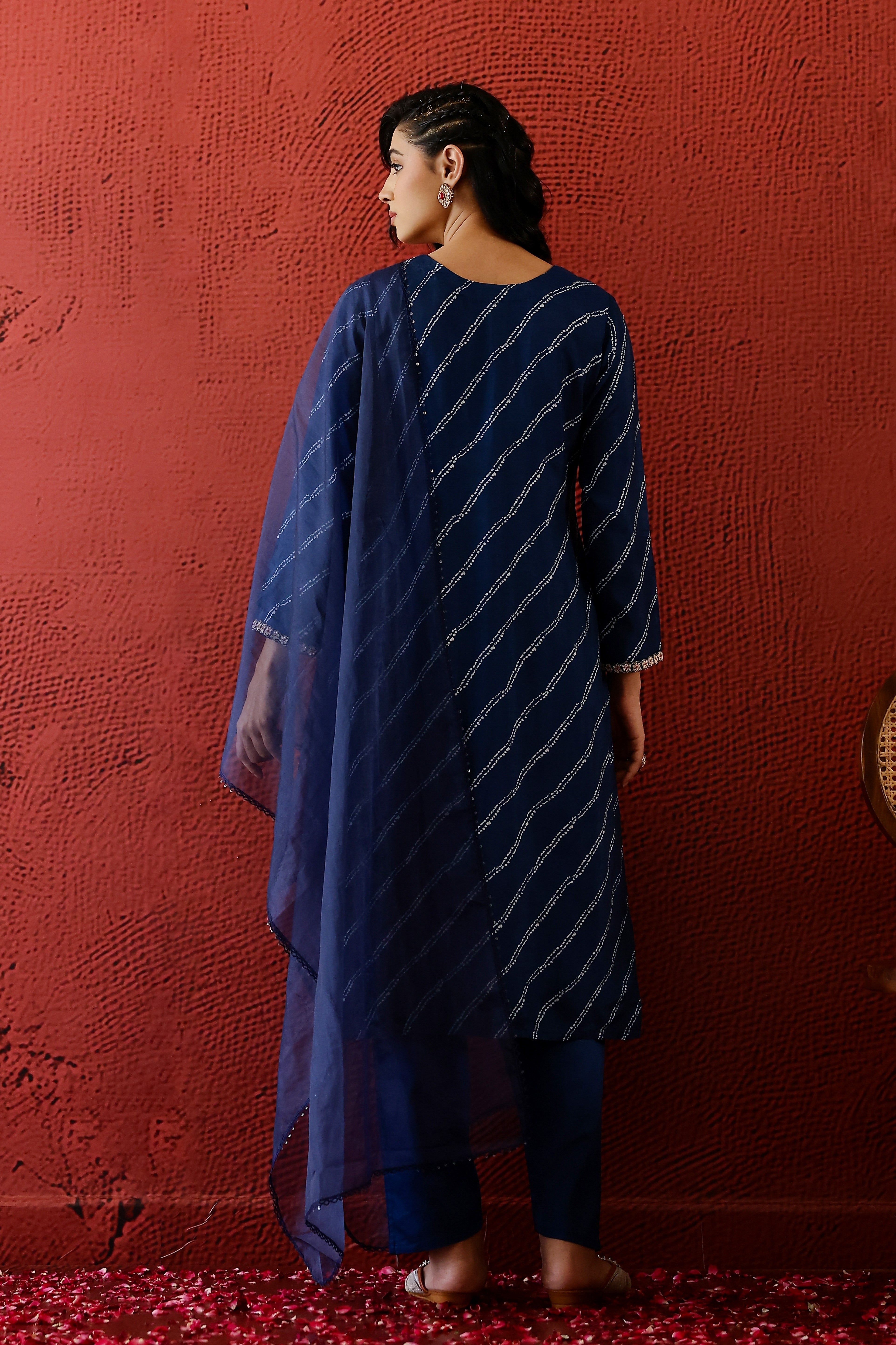 Classic Blue Lehariya Raw Silk Pants Set