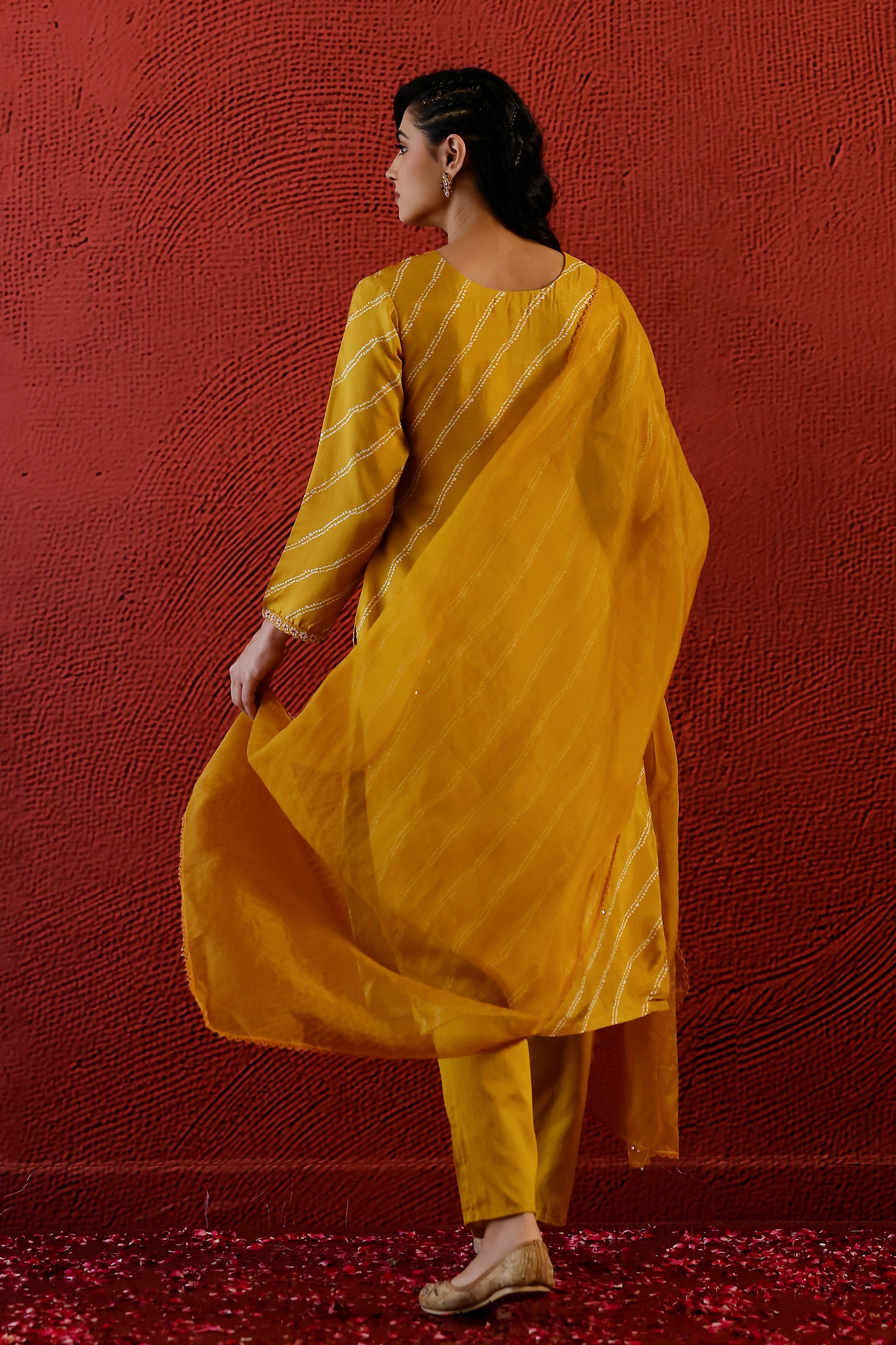 Yellow Lehariya Raw Silk Pants Set