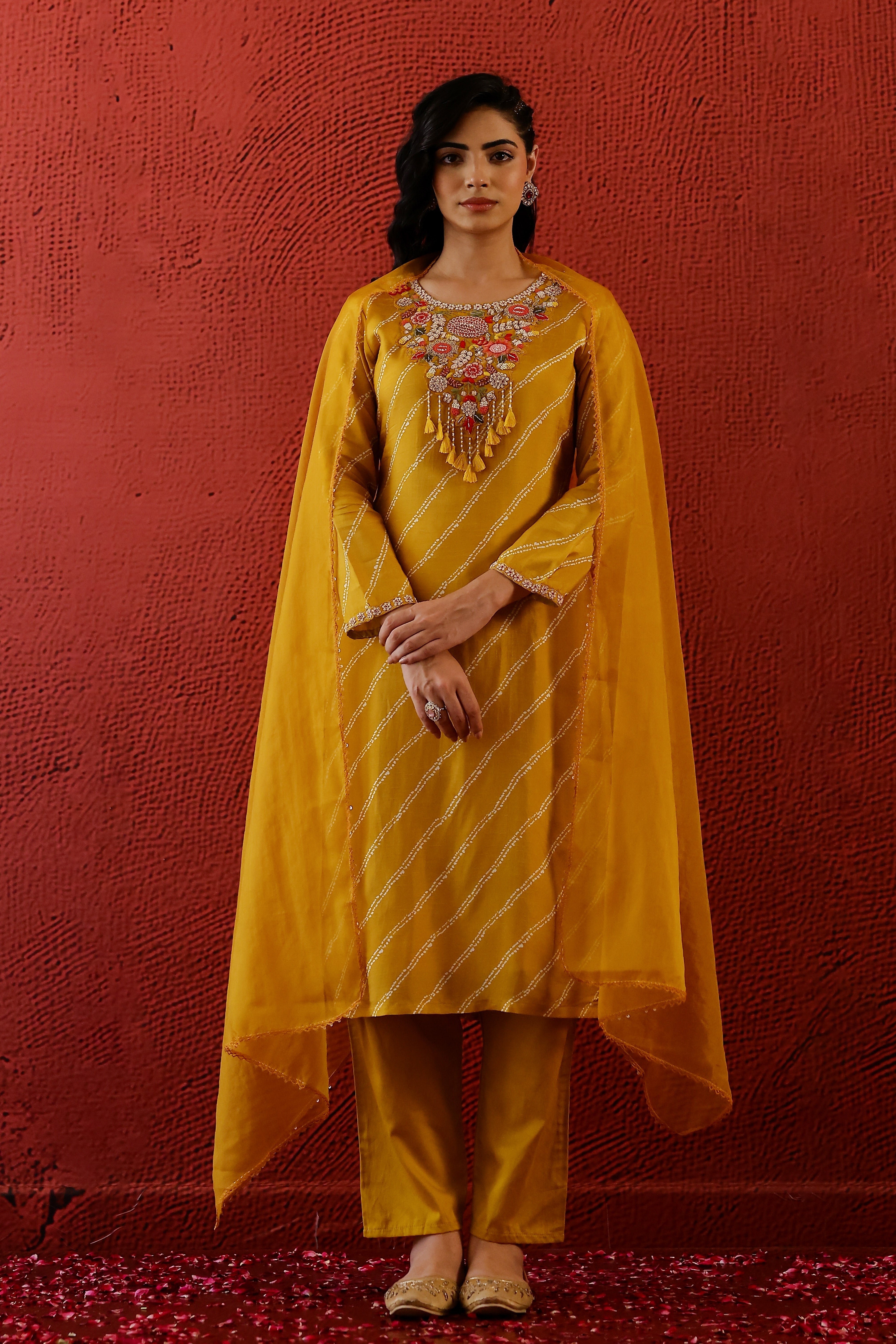 Yellow Lehariya Raw Silk Pants Set