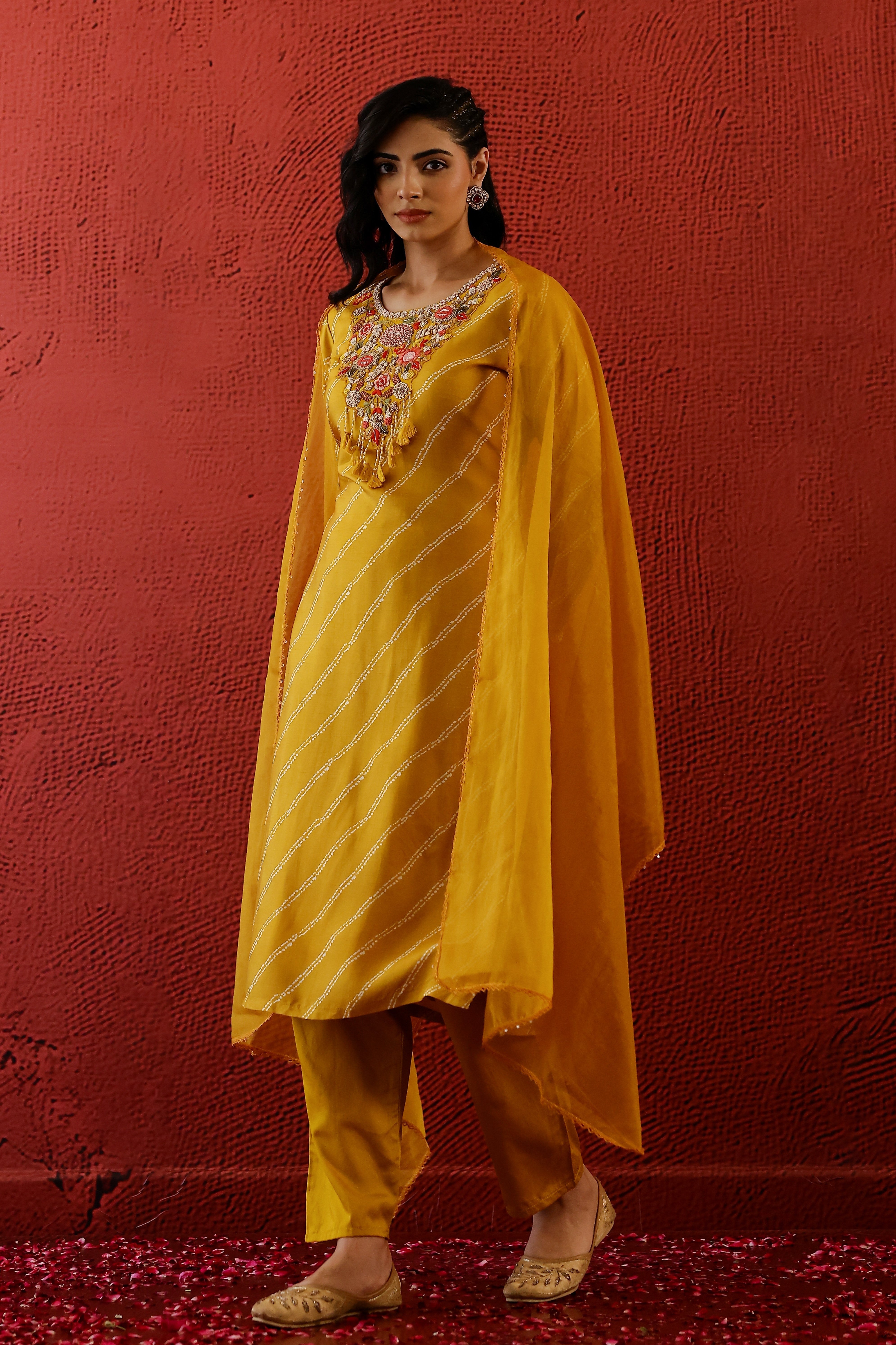 Yellow Lehariya Raw Silk Pants Set