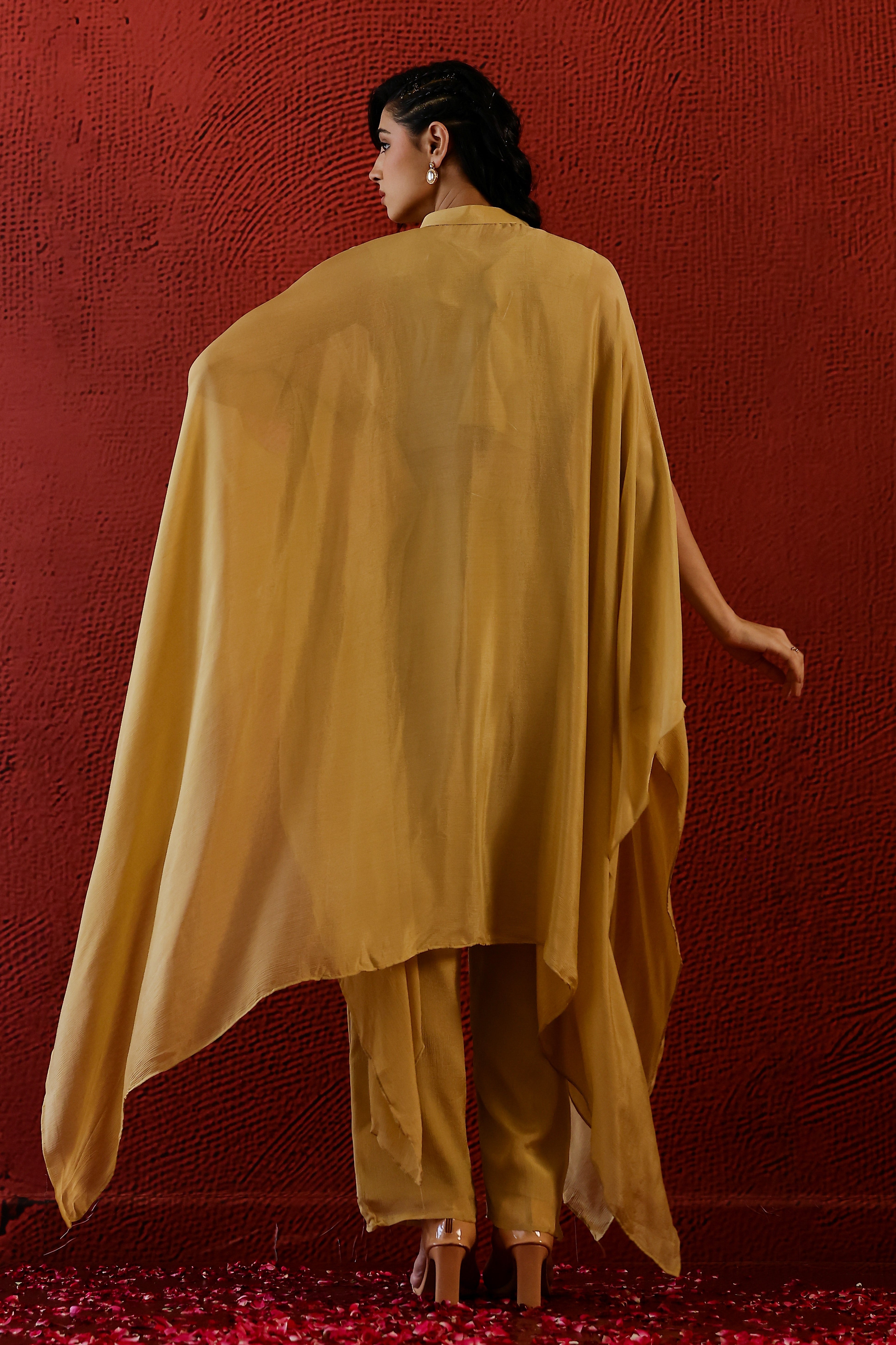 Light Mustard Embroidered Chinon Silk Kaftan Pants Set