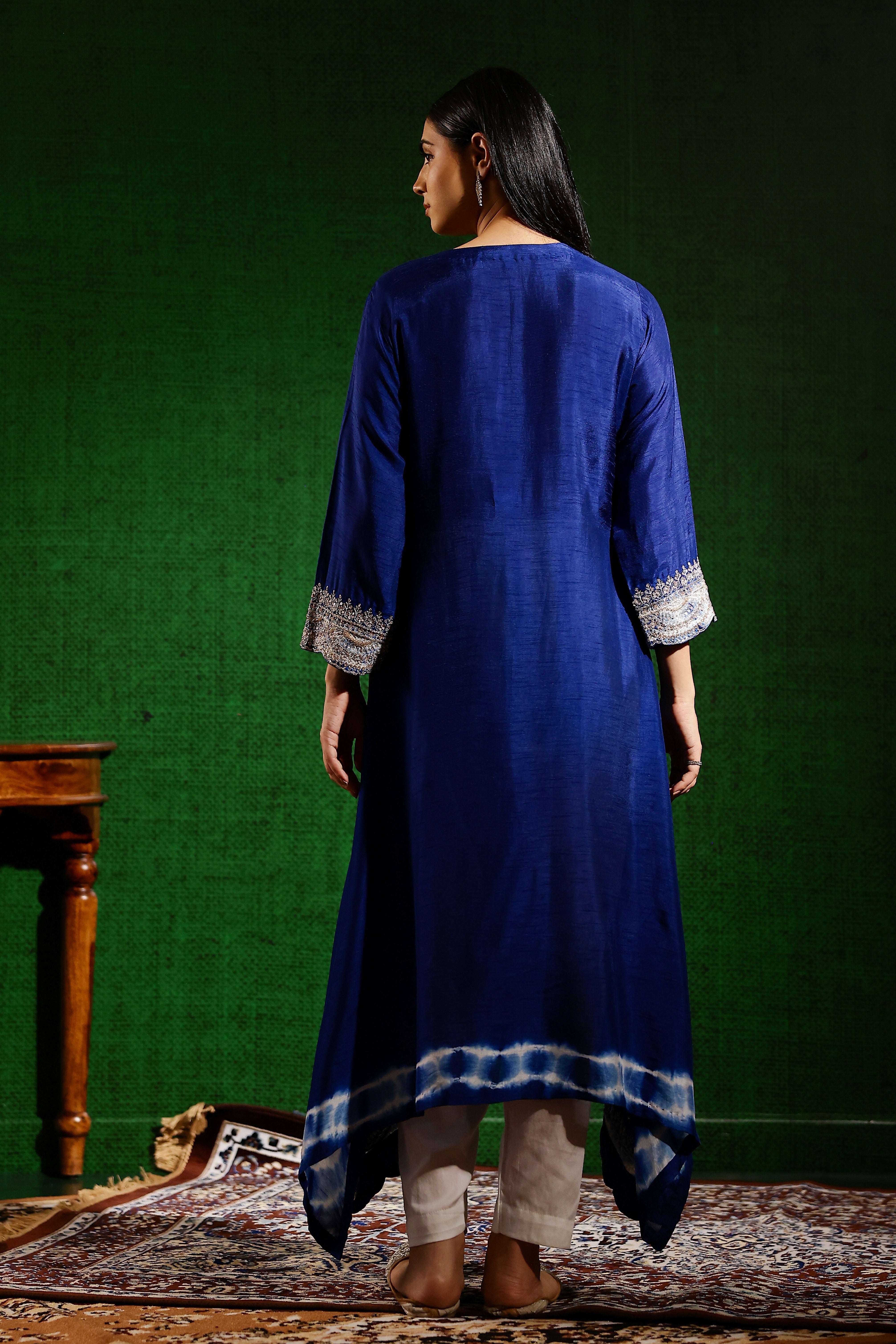 Deep Blue Embellished Raw Silk Kurta Set