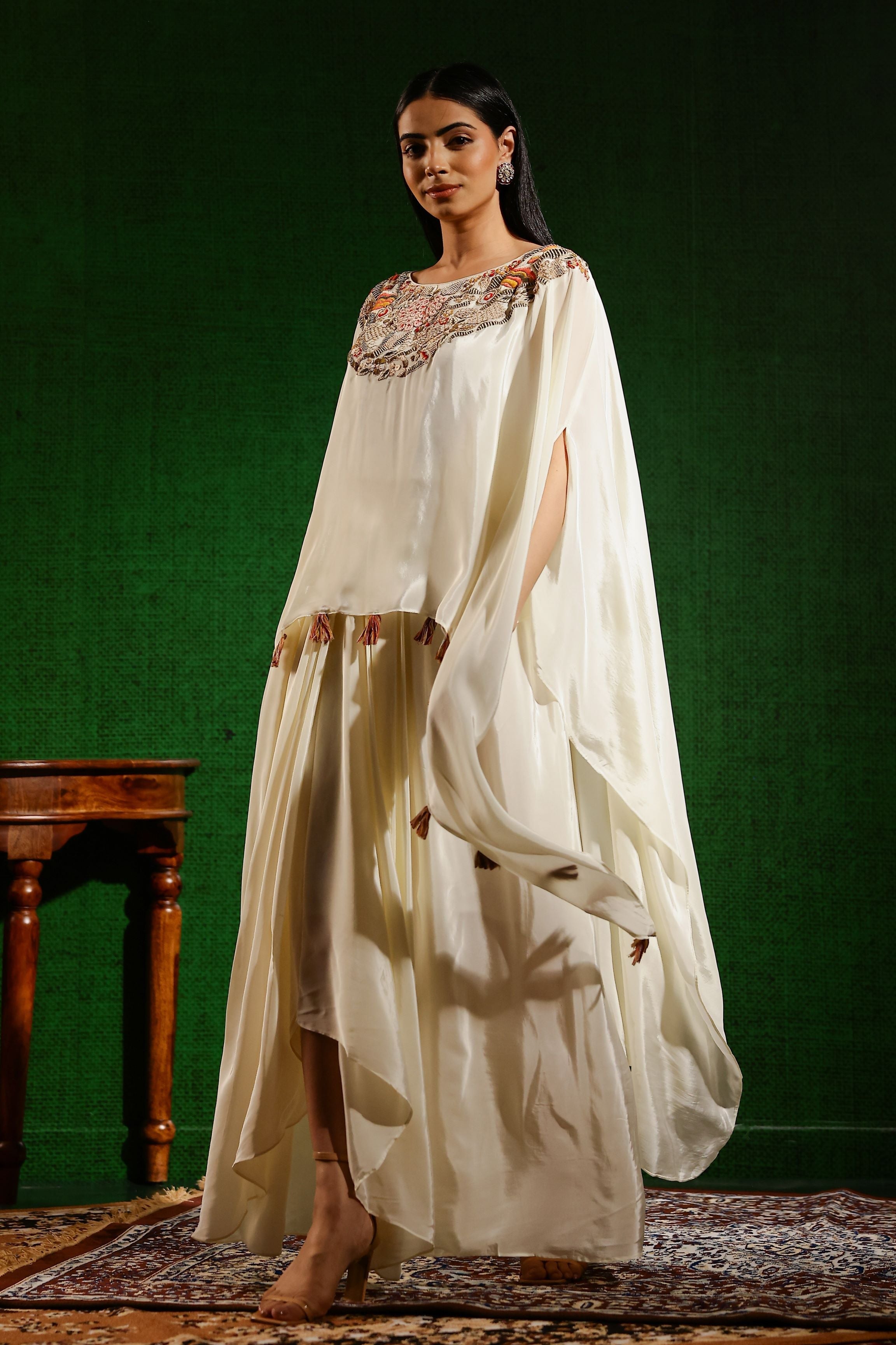 Ivory Embroidered Habutai Silk Skirt Set