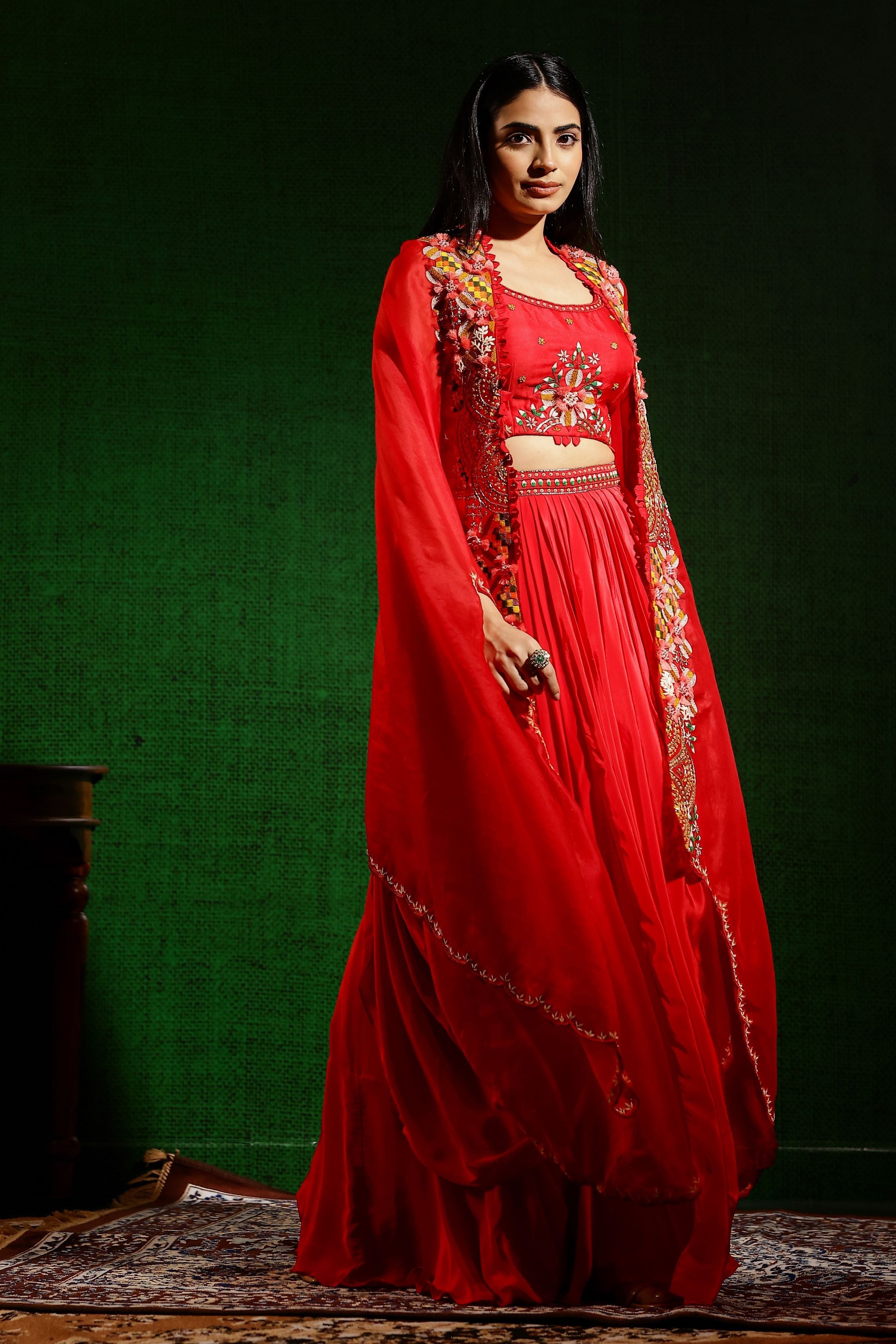 Red Embroidered Premium Organza Silk Cape Set