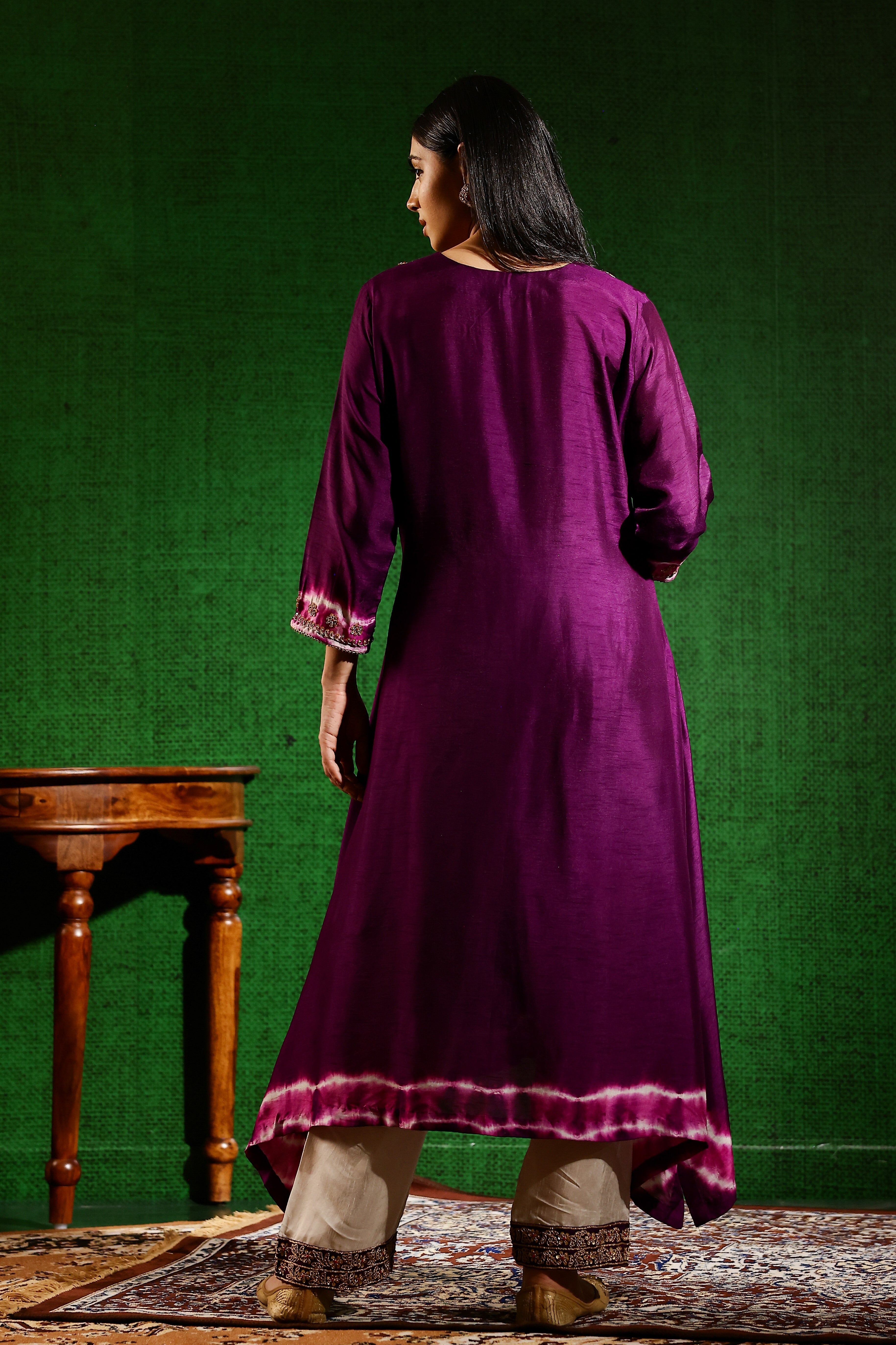 Purple Embroidered Raw Silk Kurta Set