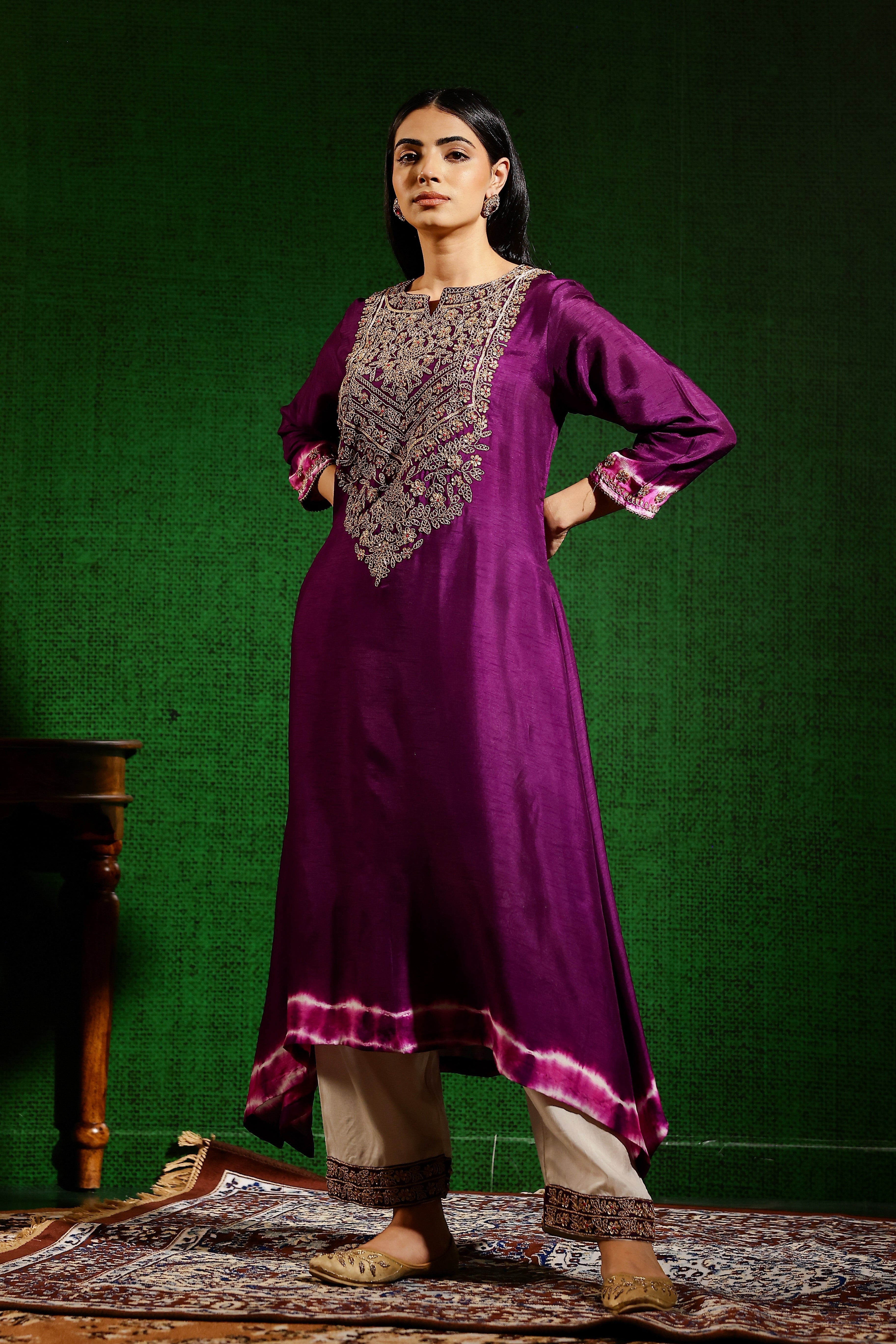 Purple Embroidered Raw Silk Kurta Set