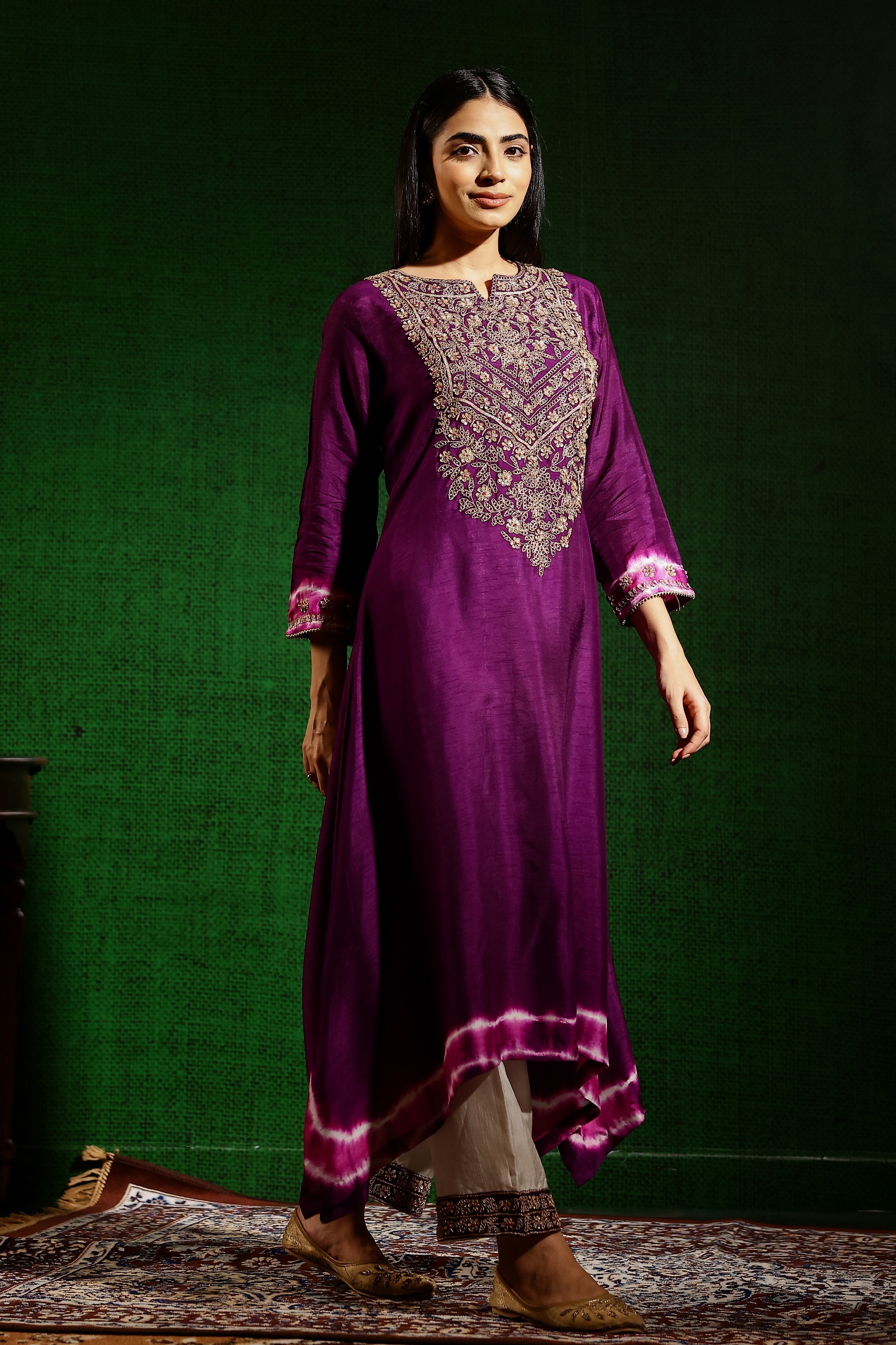 Purple Embroidered Raw Silk Kurta Set