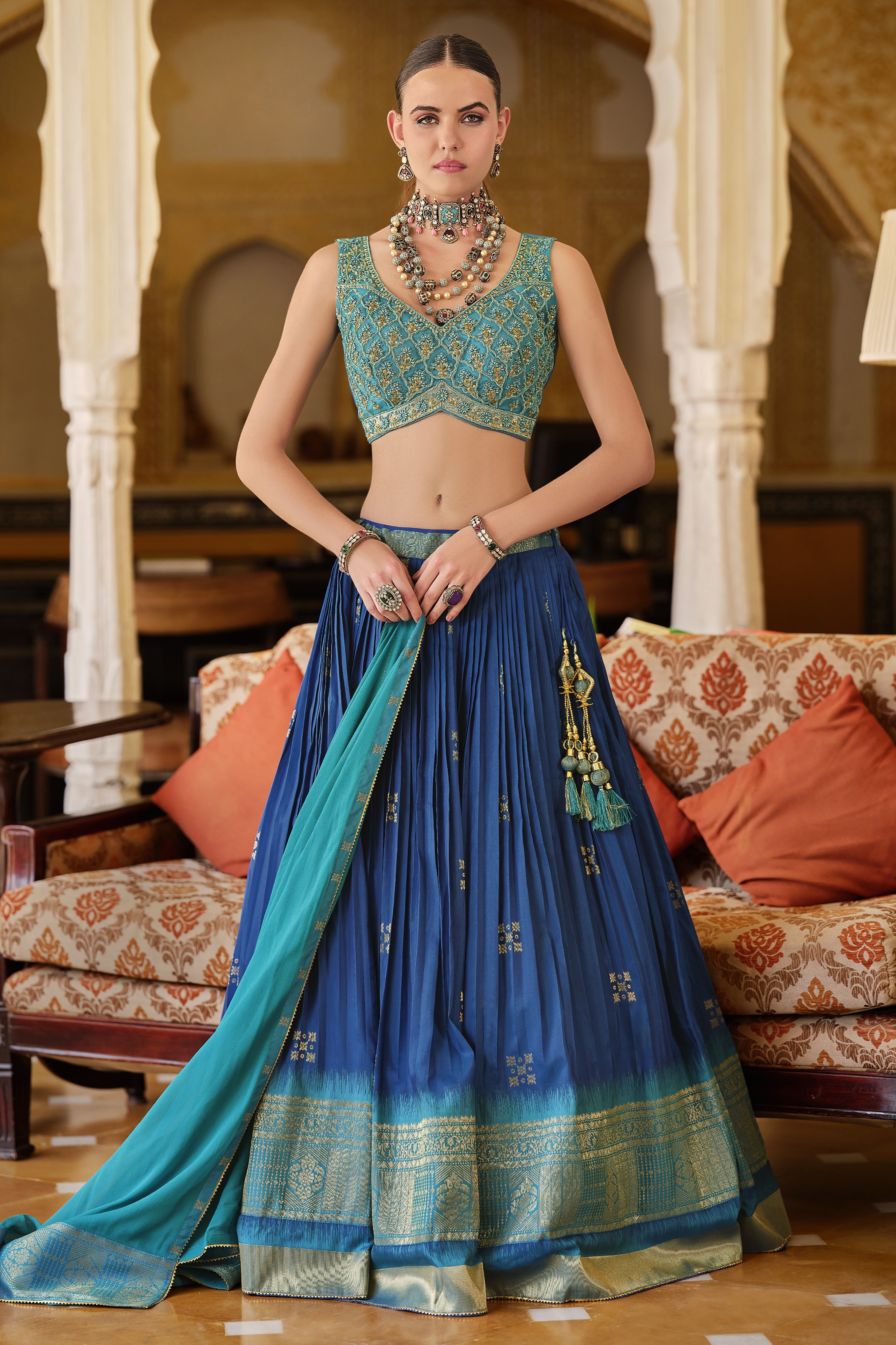 Teal Blue Golden Banarasi Silk Lehenga Set