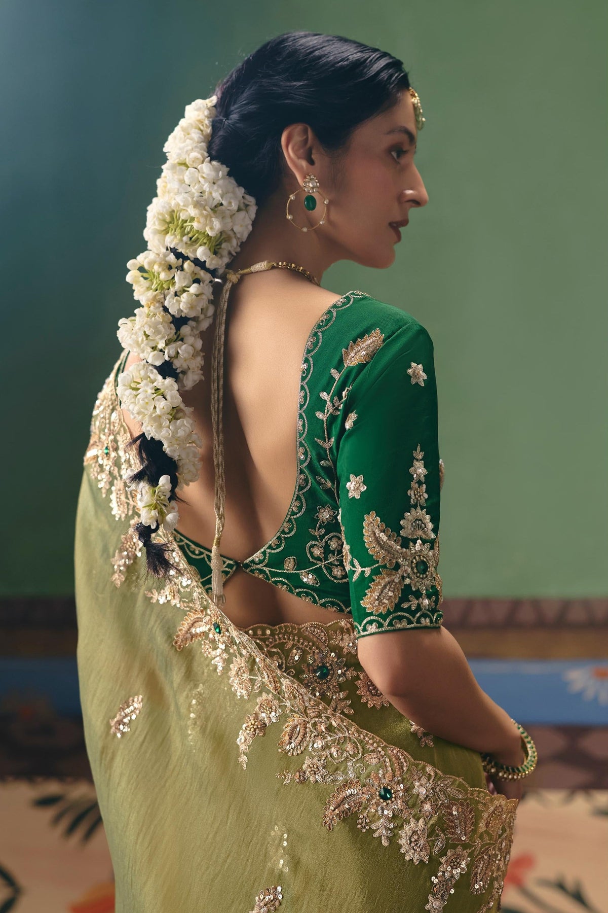 Light Olive Embellished Tissue Organza Silk Saree