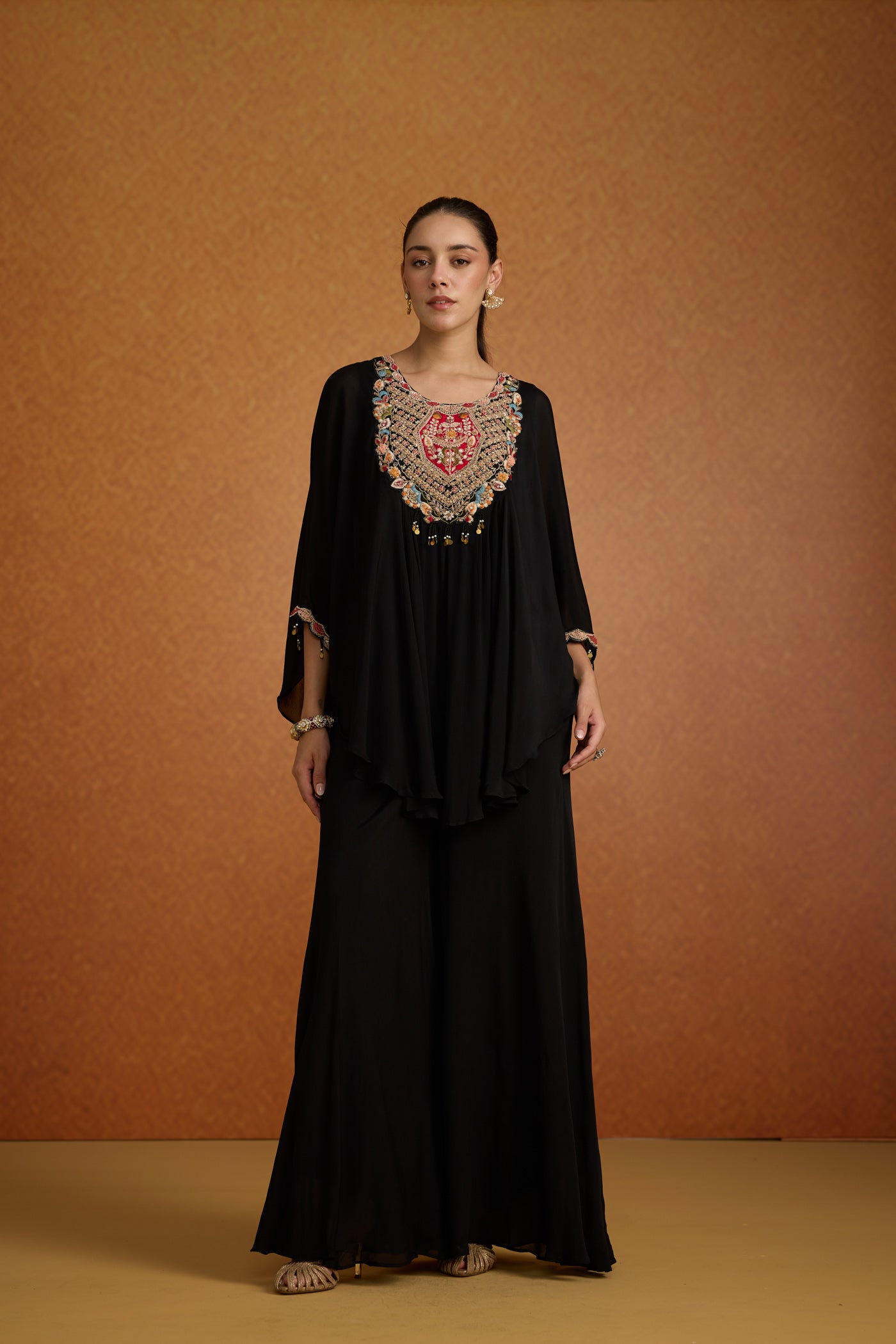 Black Boho Embellished Georgette Kaftan Set