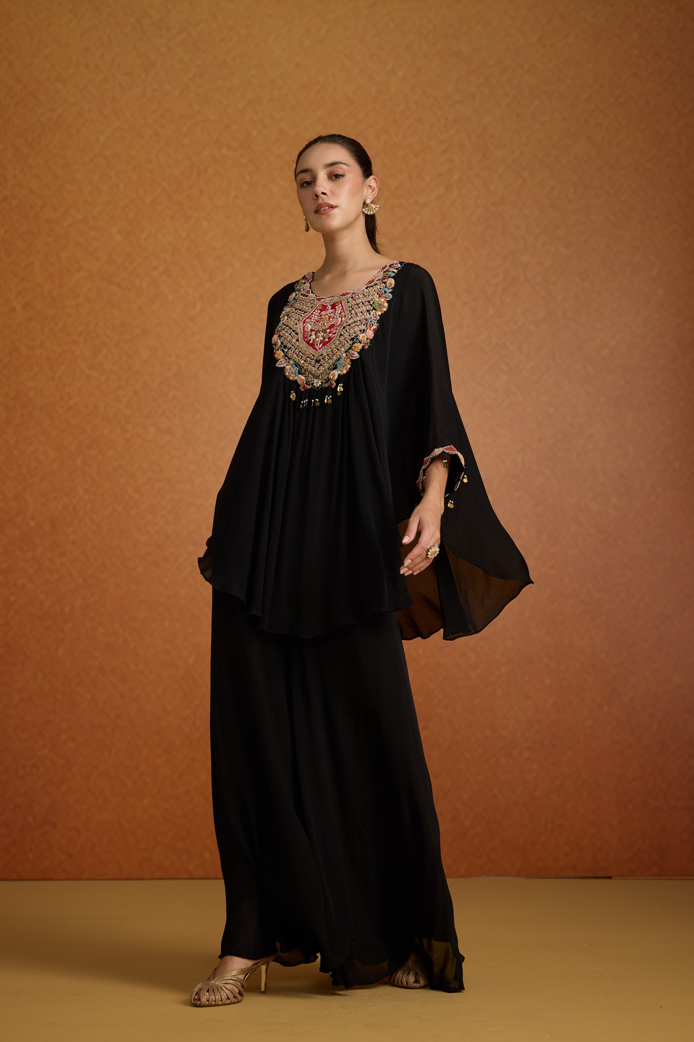 Black Boho Embellished Georgette Kaftan Set