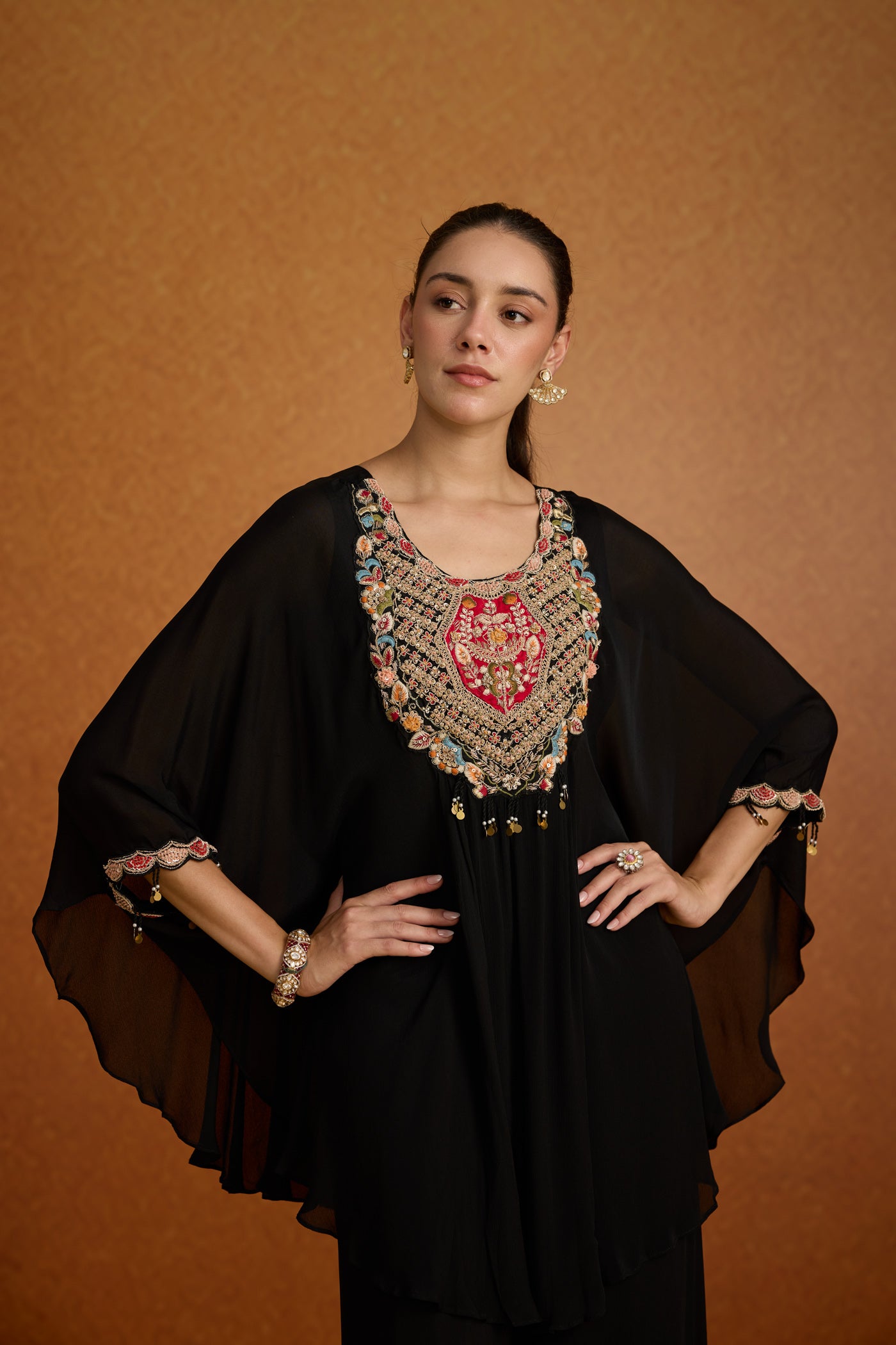 Black Boho Embellished Georgette Kaftan Set
