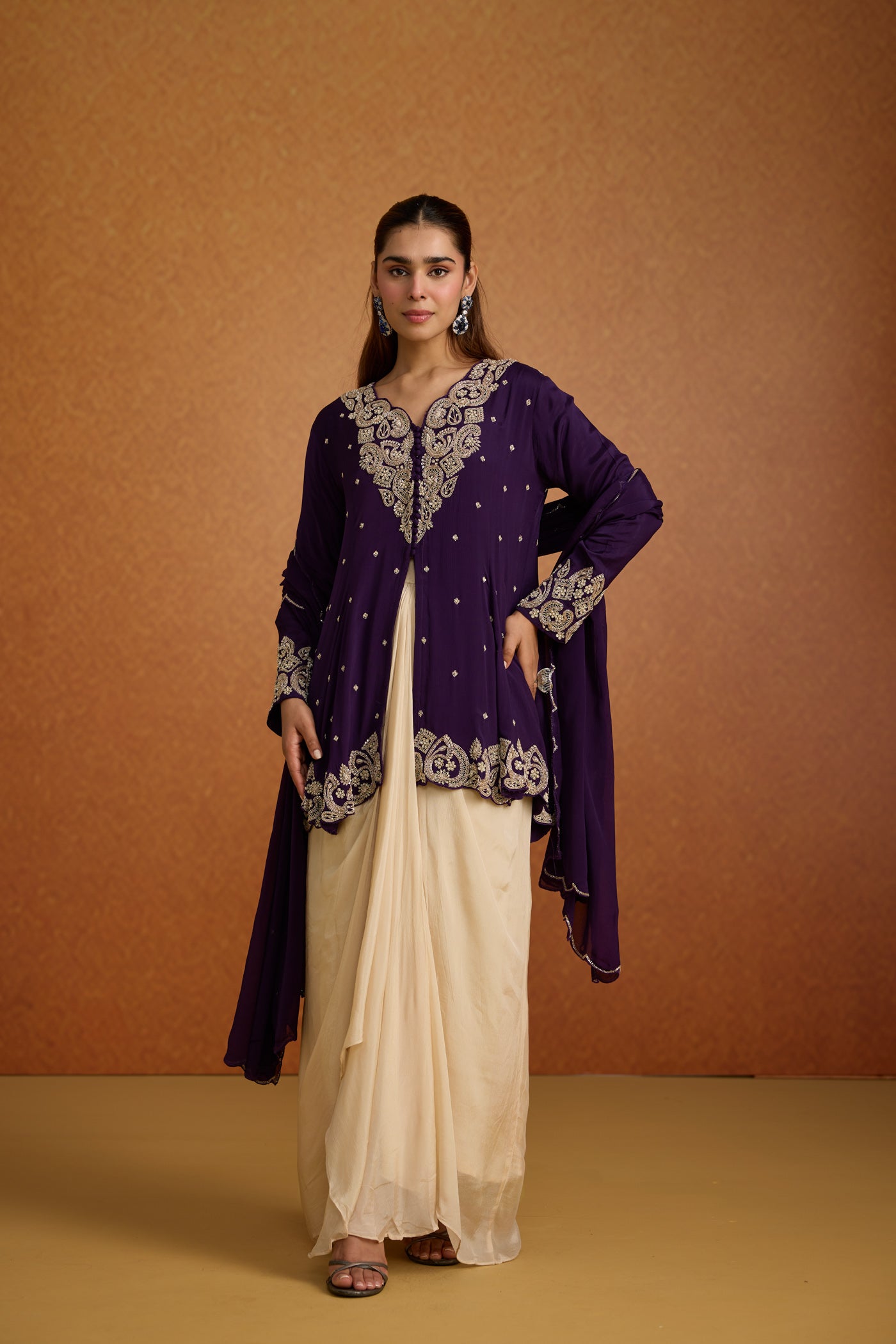 Royal Plum Embellished Crepe Silk Skirt Set