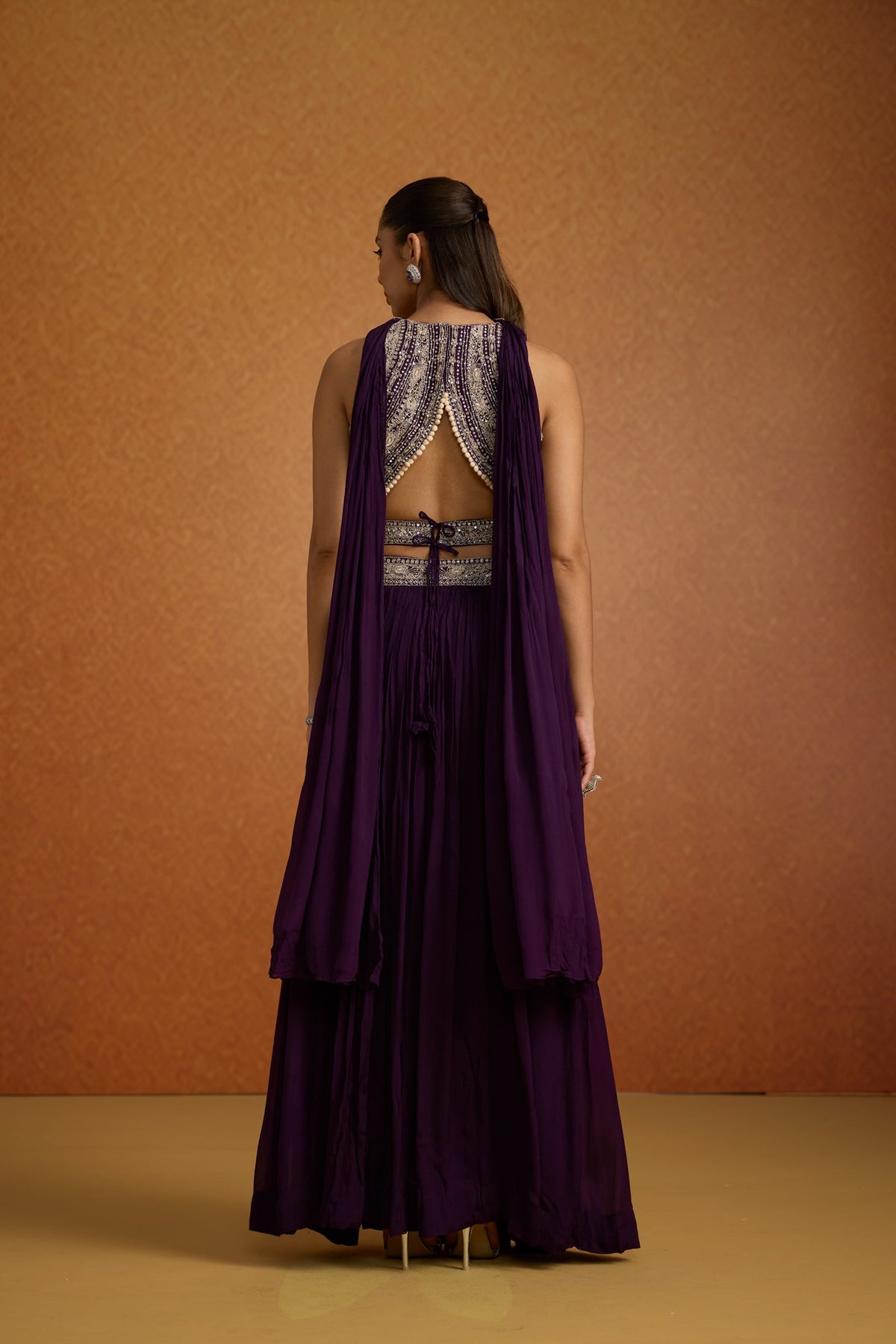 Deep Purple Embellished Georgette Silk Skirt Set