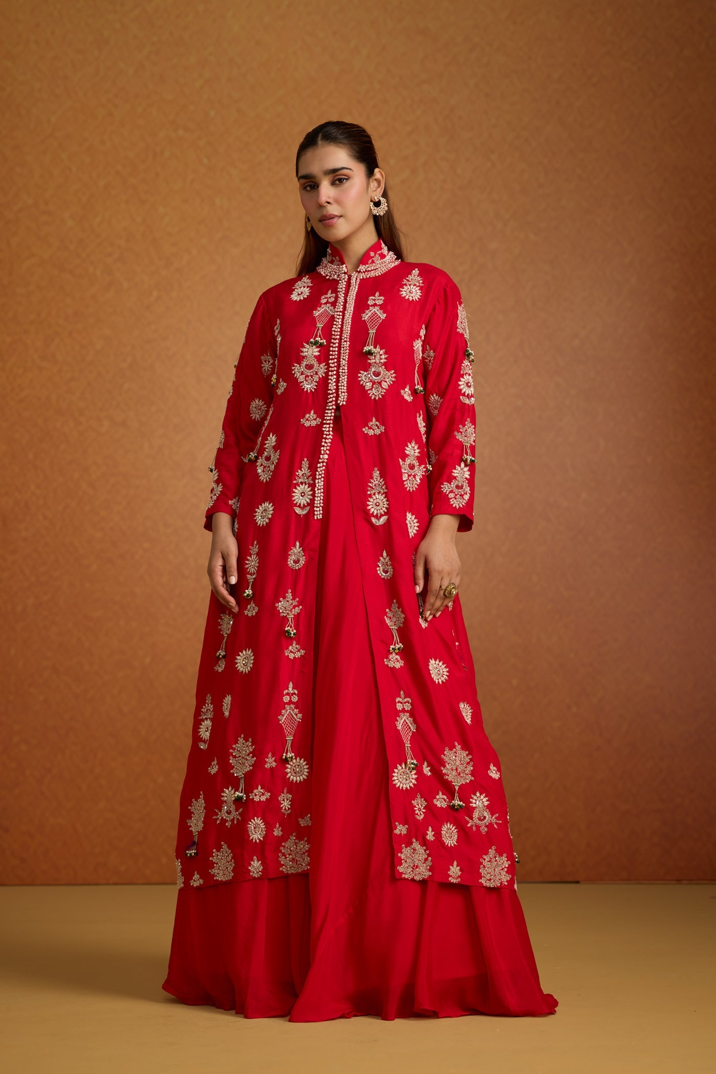 Fiesta Red Embellished Premium Silk Jacket Skirt Set