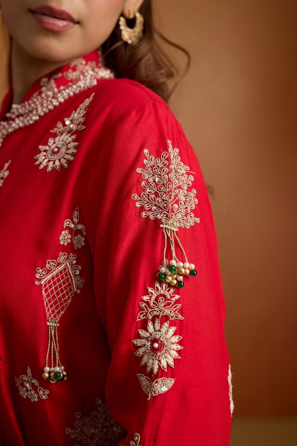 Fiesta Red Embellished Premium Silk Jacket Skirt Set