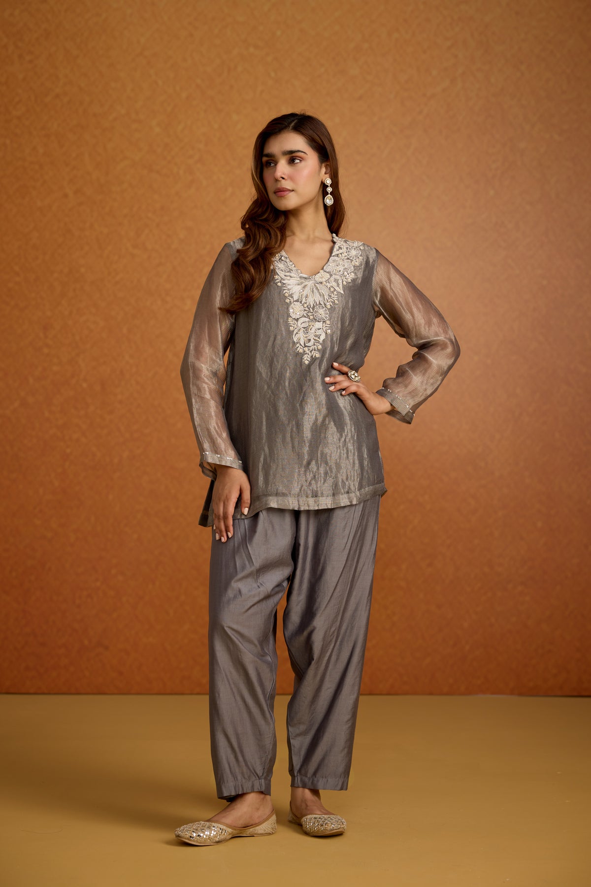Metallic Silver Grey Shimmer Tissue Silk Co-Ord Set