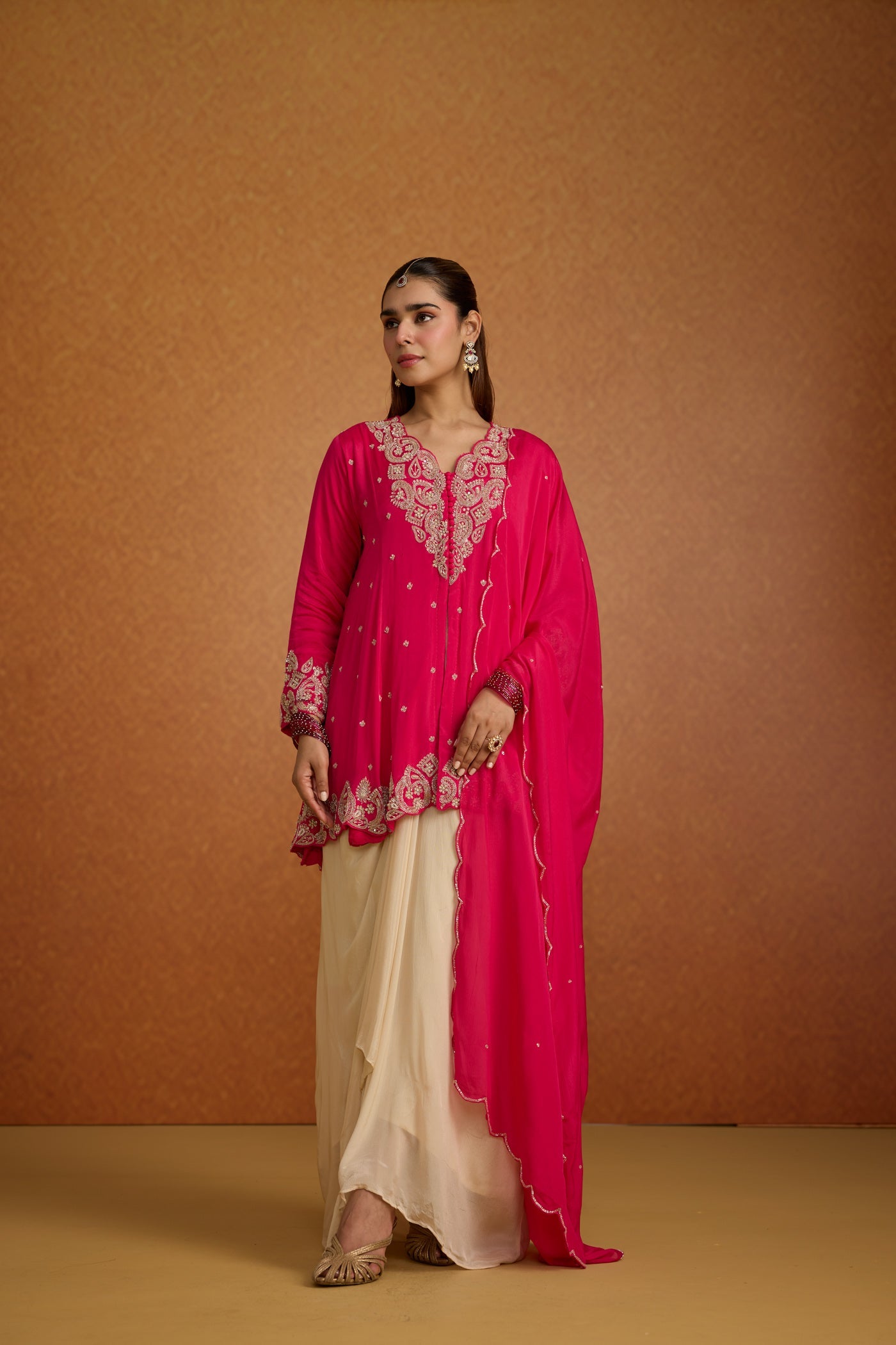 Fuchsia Pink Embellished Crepe Silk Skirt Set