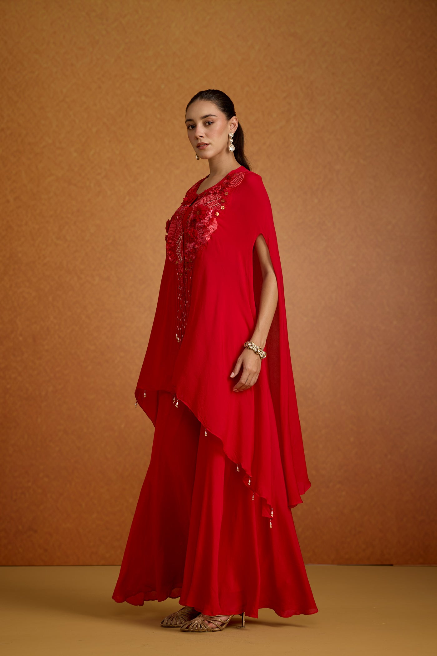 Royal Crimson Embellished Chinon Silk Palazzo Set