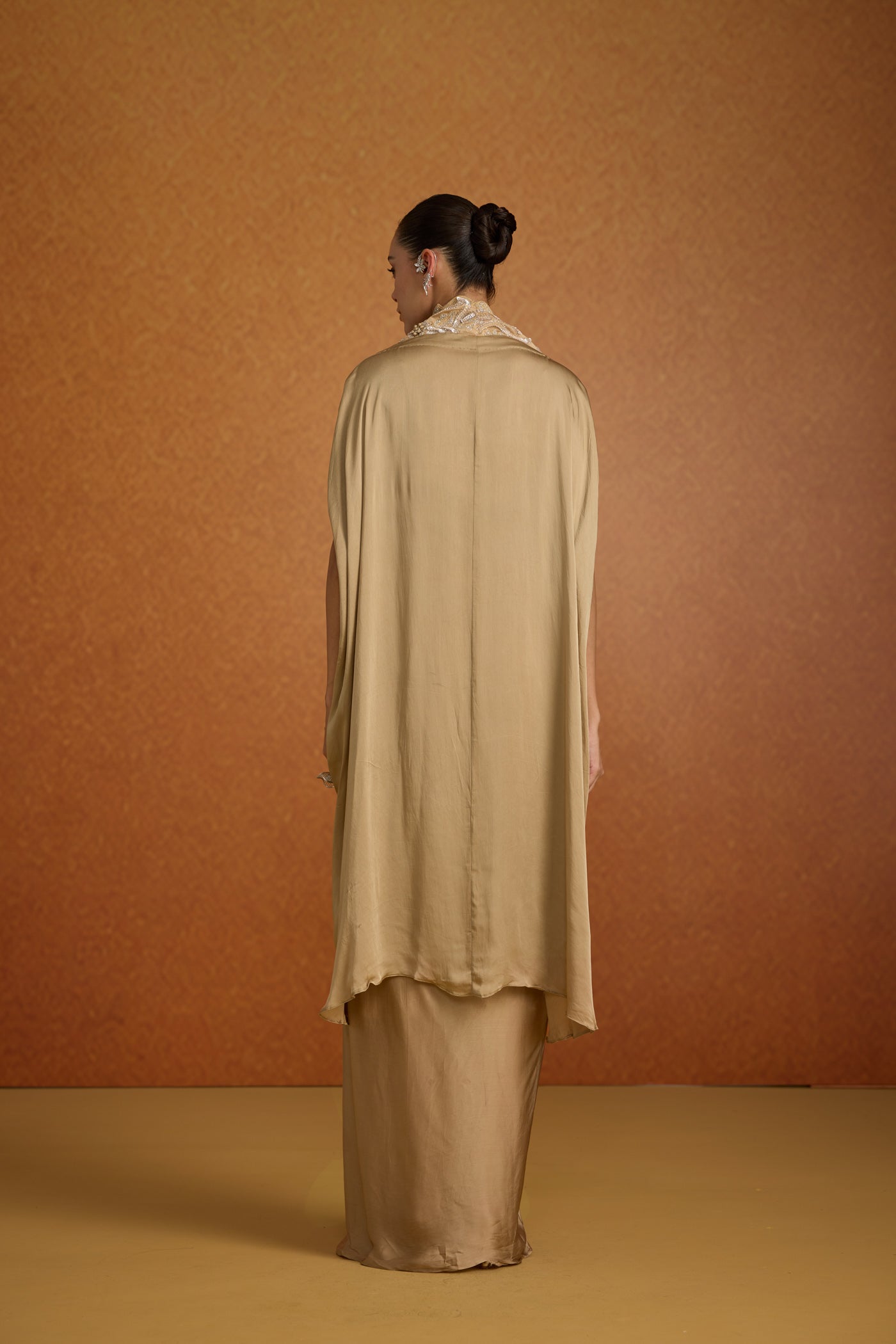 Champagne Beige Embellished Crepe Silk Kaftan Set