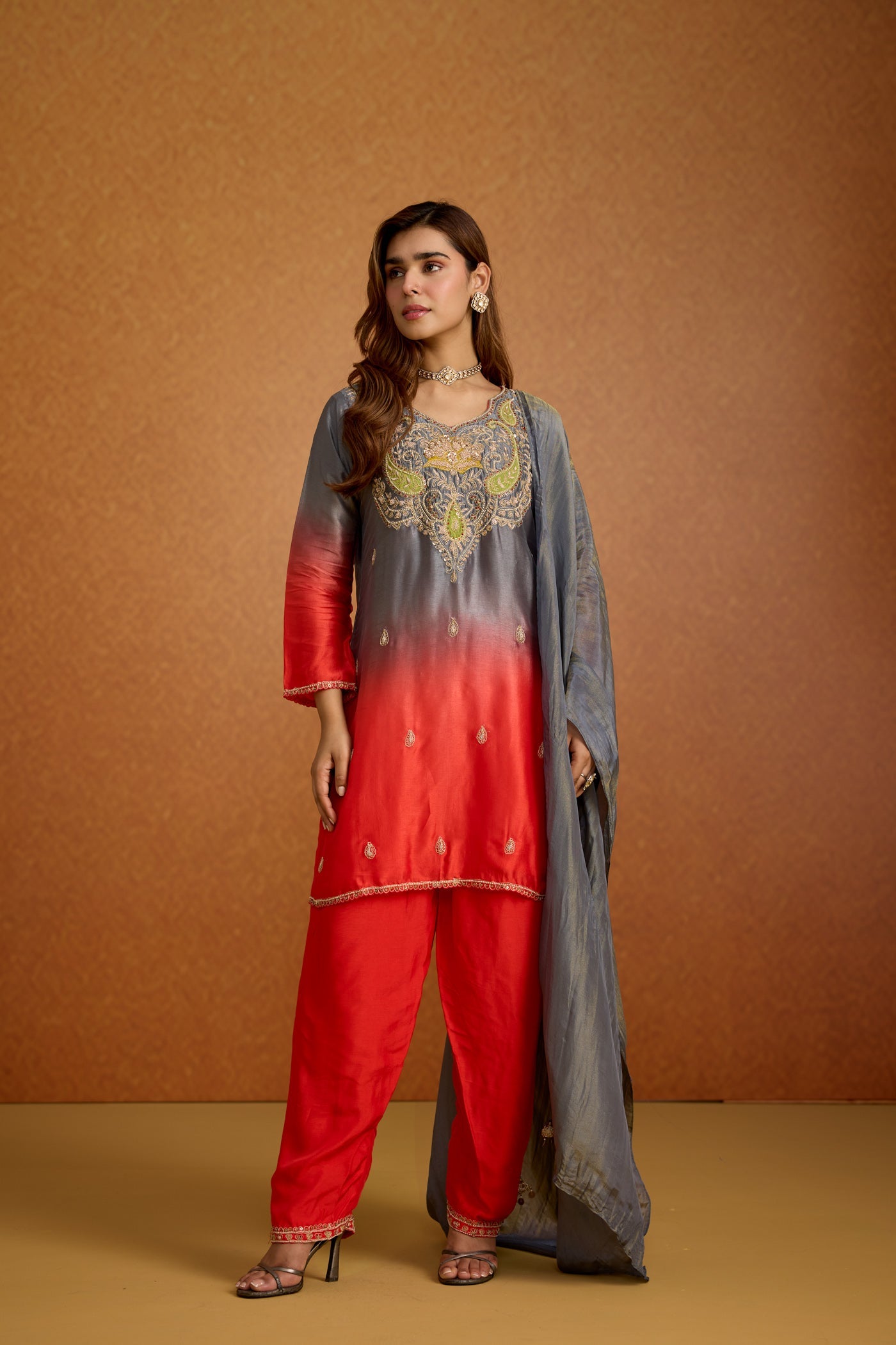 Royal Red & Grey Ombre Embellished Crepe Silk Pant Set