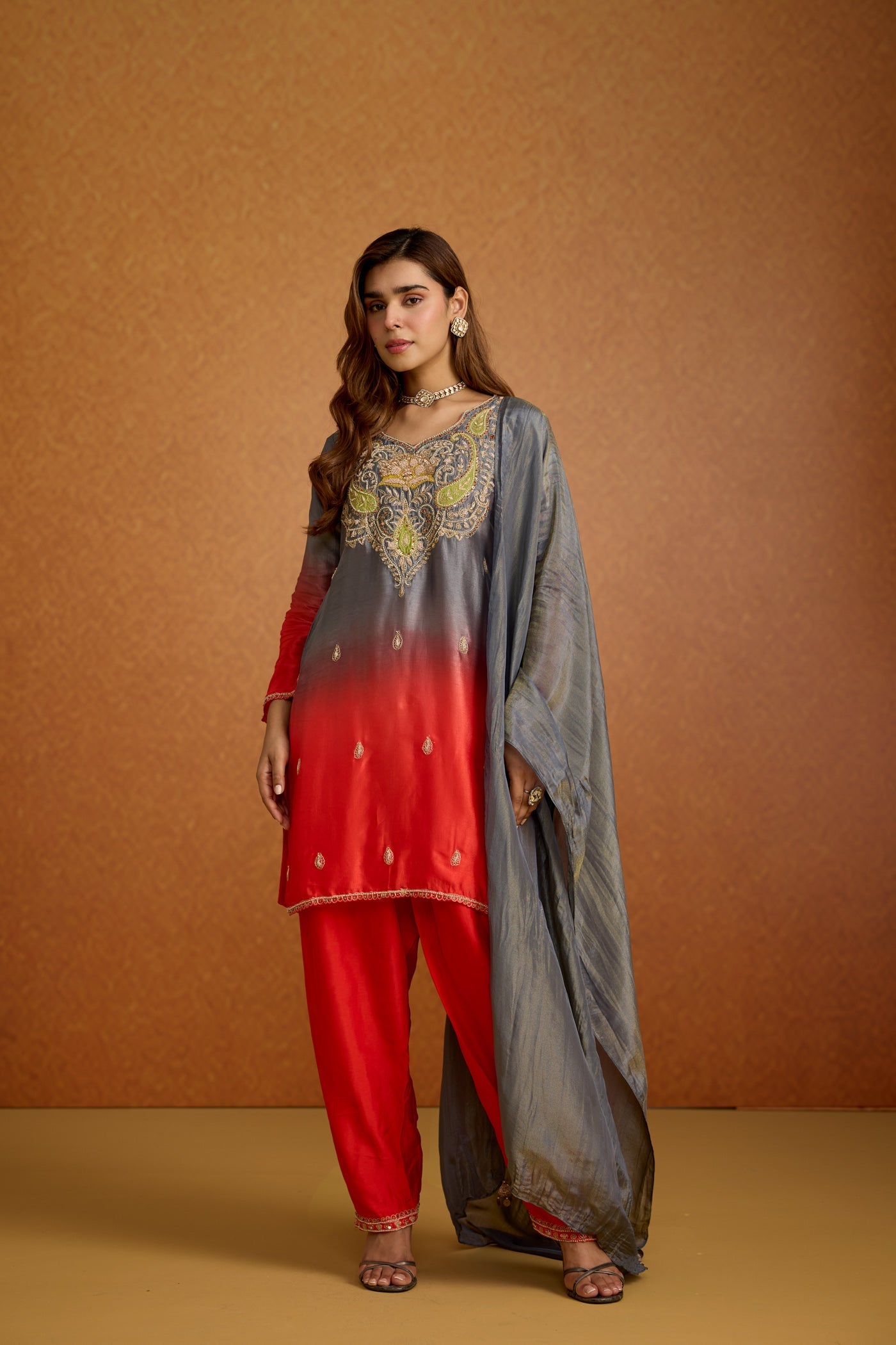 Royal Red & Grey Ombre Embellished Crepe Silk Pant Set